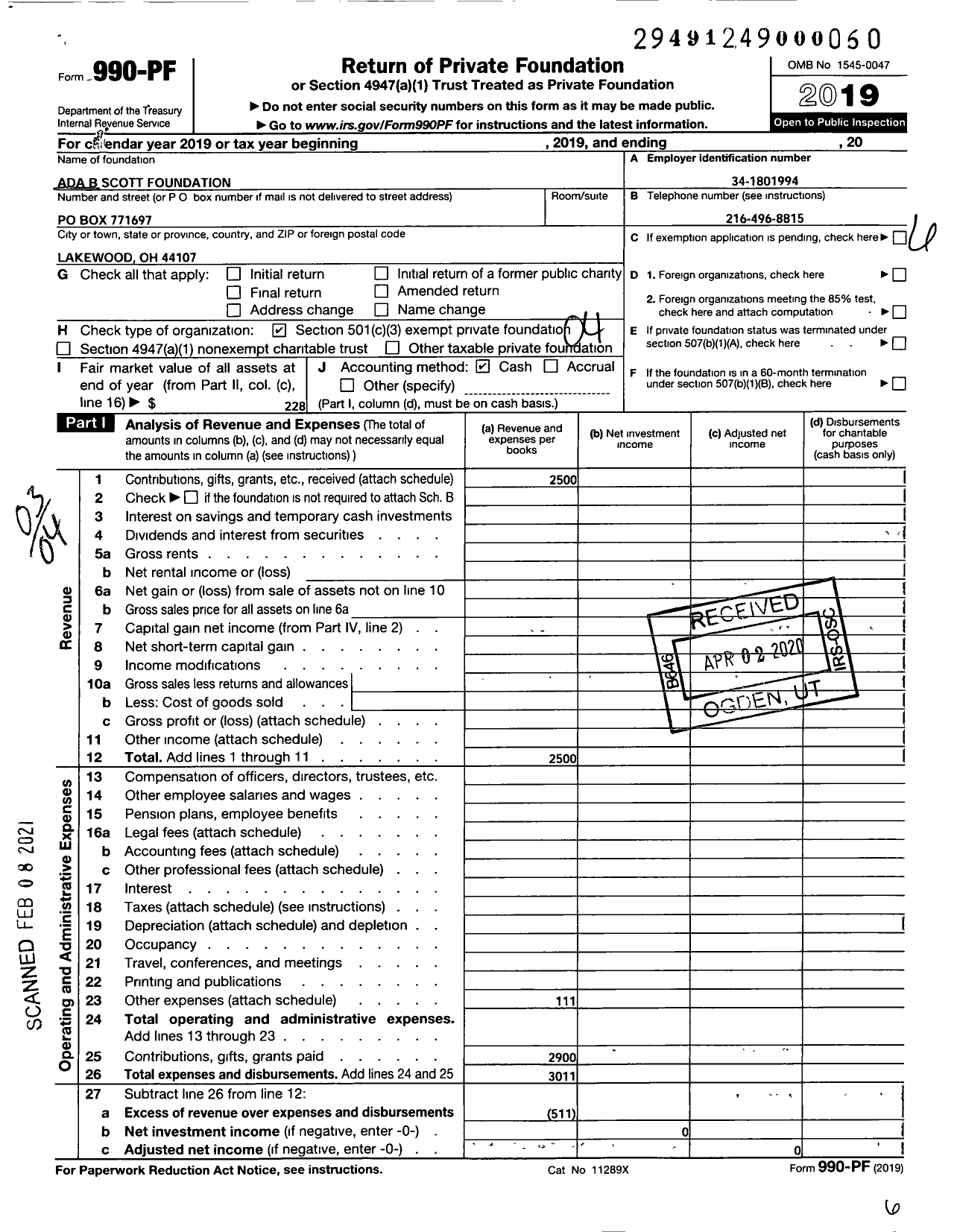 Image of first page of 2019 Form 990PF for Ada B Scott Foundation