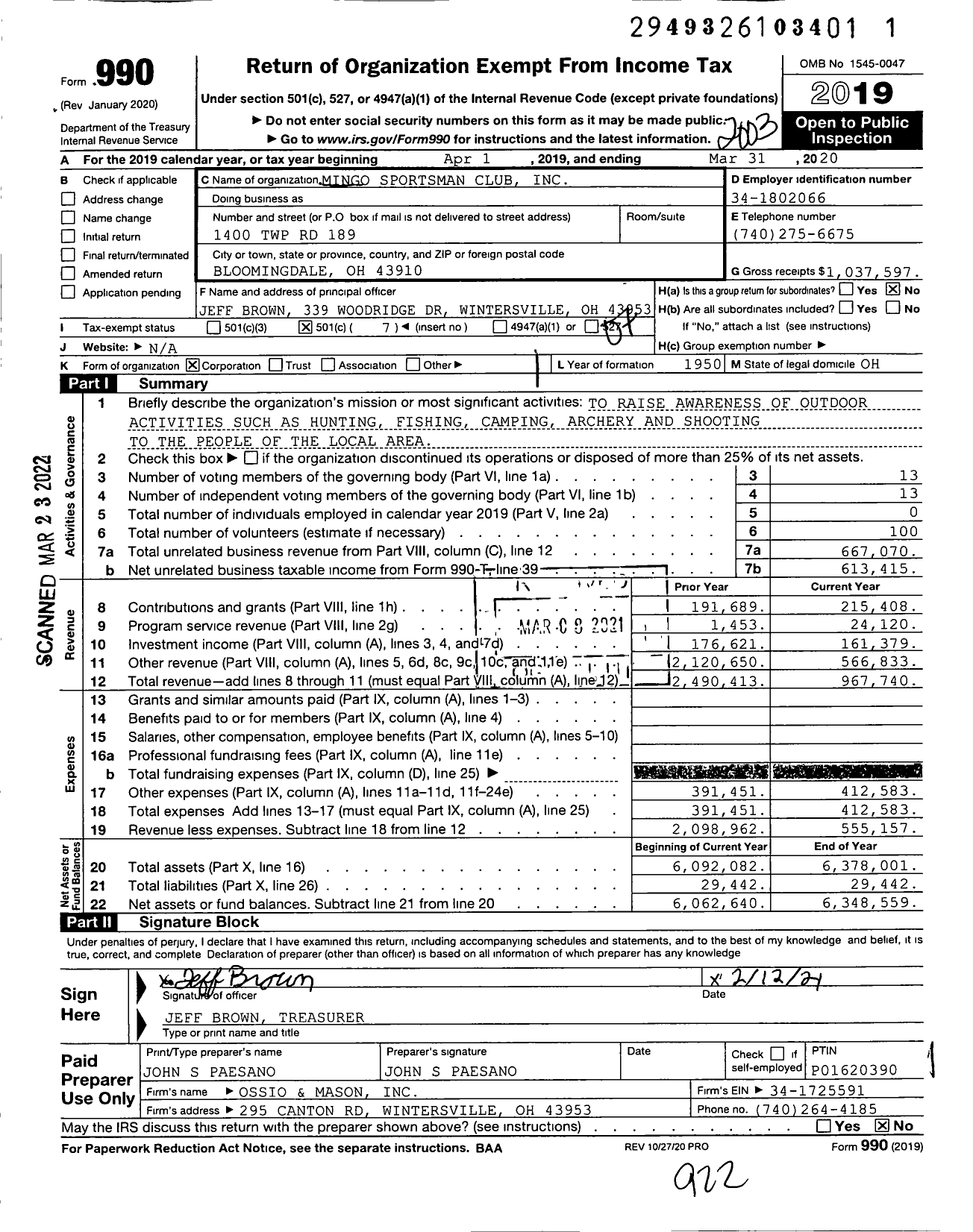 Image of first page of 2019 Form 990O for Mingo Sportsman Club