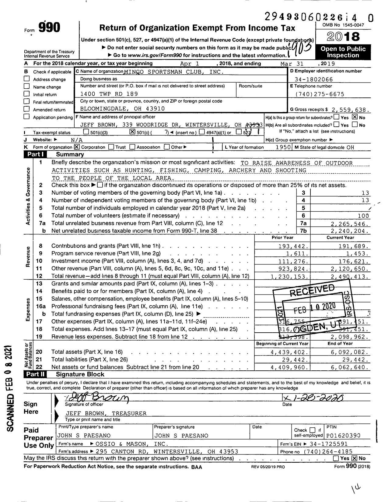 Image of first page of 2018 Form 990O for Mingo Sportsman Club