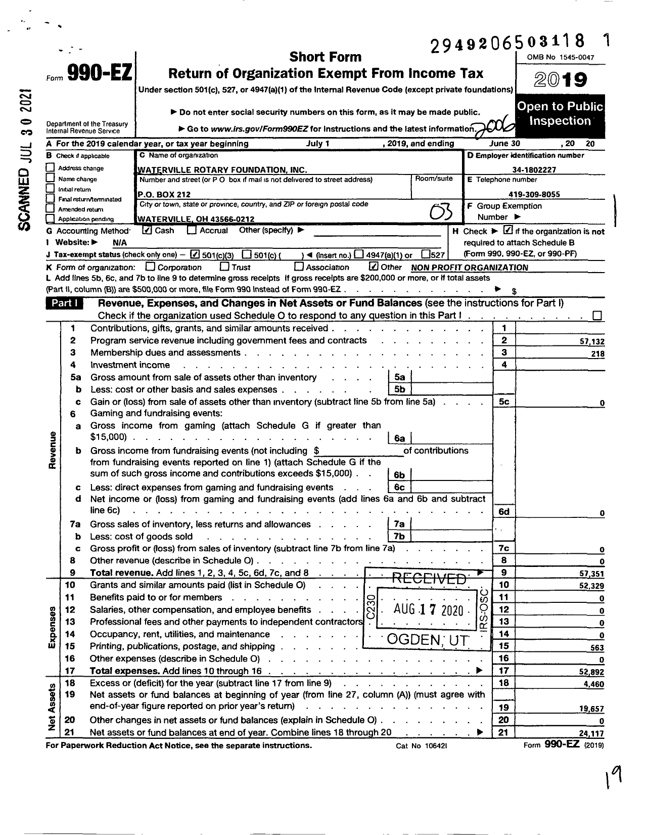 Image of first page of 2019 Form 990EZ for Waterville Rotary Foundation