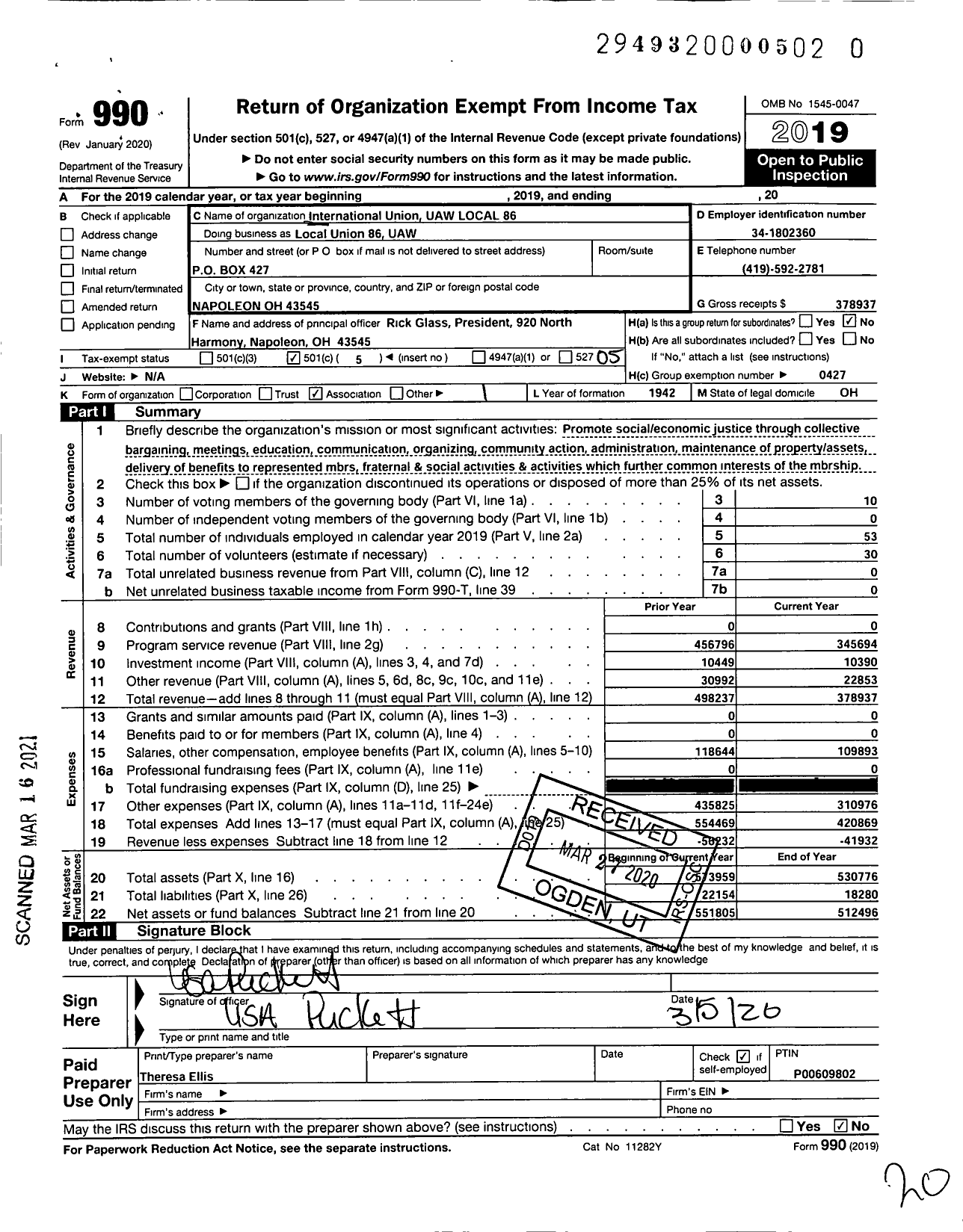 Image of first page of 2019 Form 990O for UAW - Local Union 86 UAW