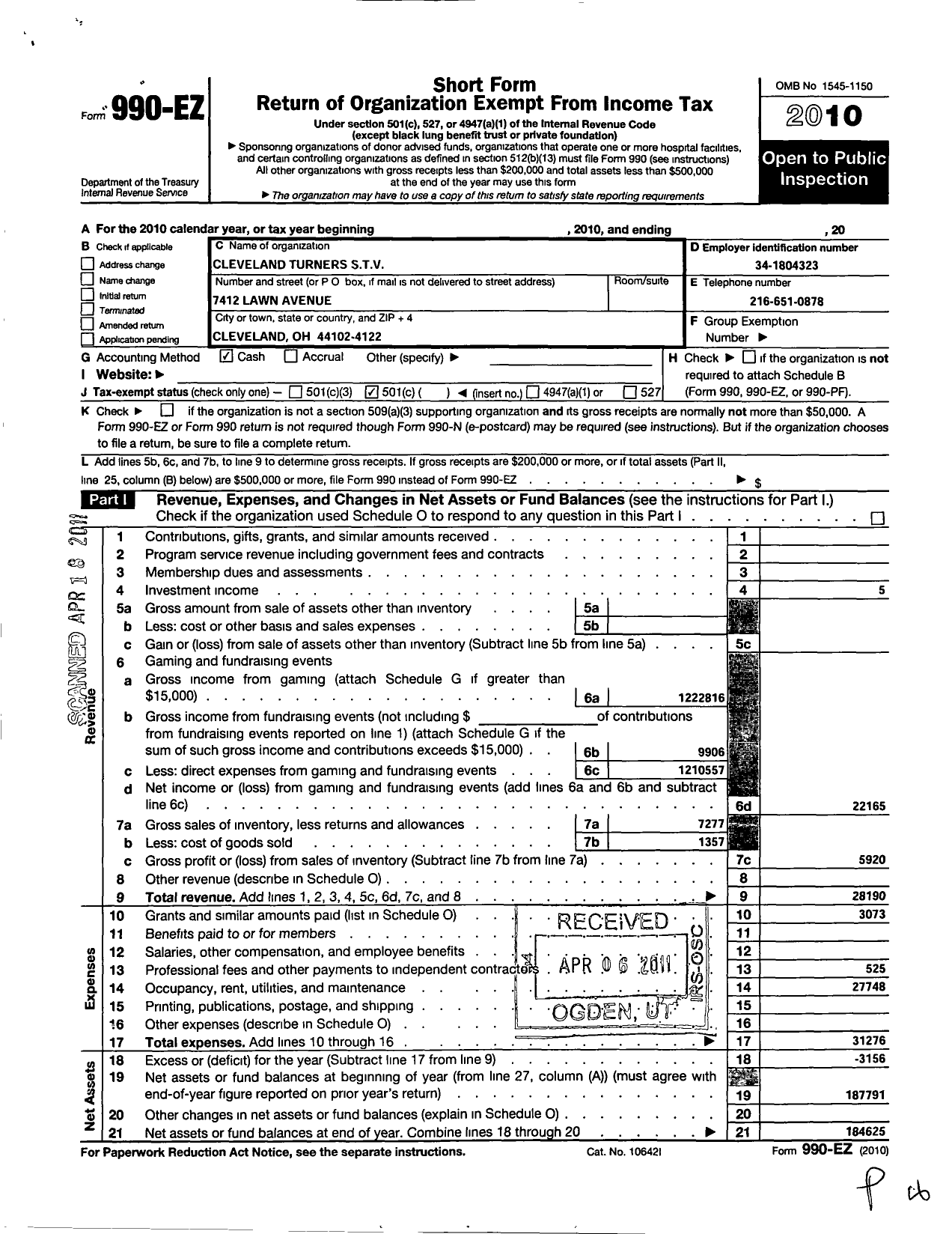 Image of first page of 2010 Form 990EO for Cleveland Turners STV