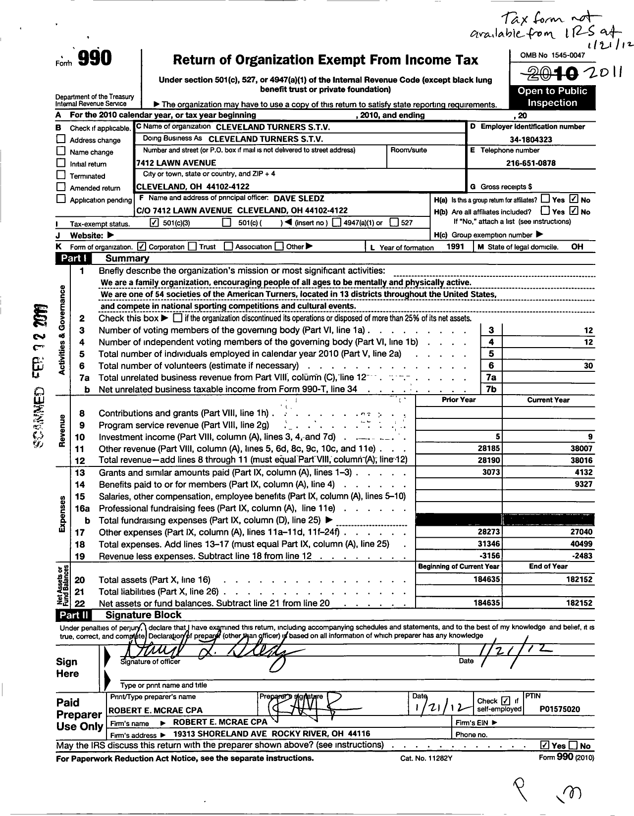 Image of first page of 2011 Form 990 for Cleveland Turners STV