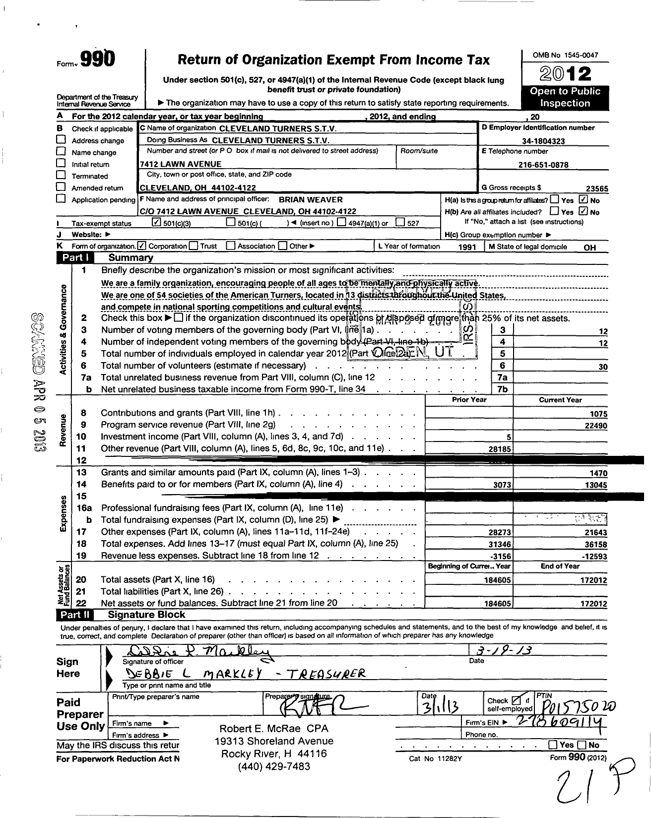 Image of first page of 2012 Form 990 for Cleveland Turners STV