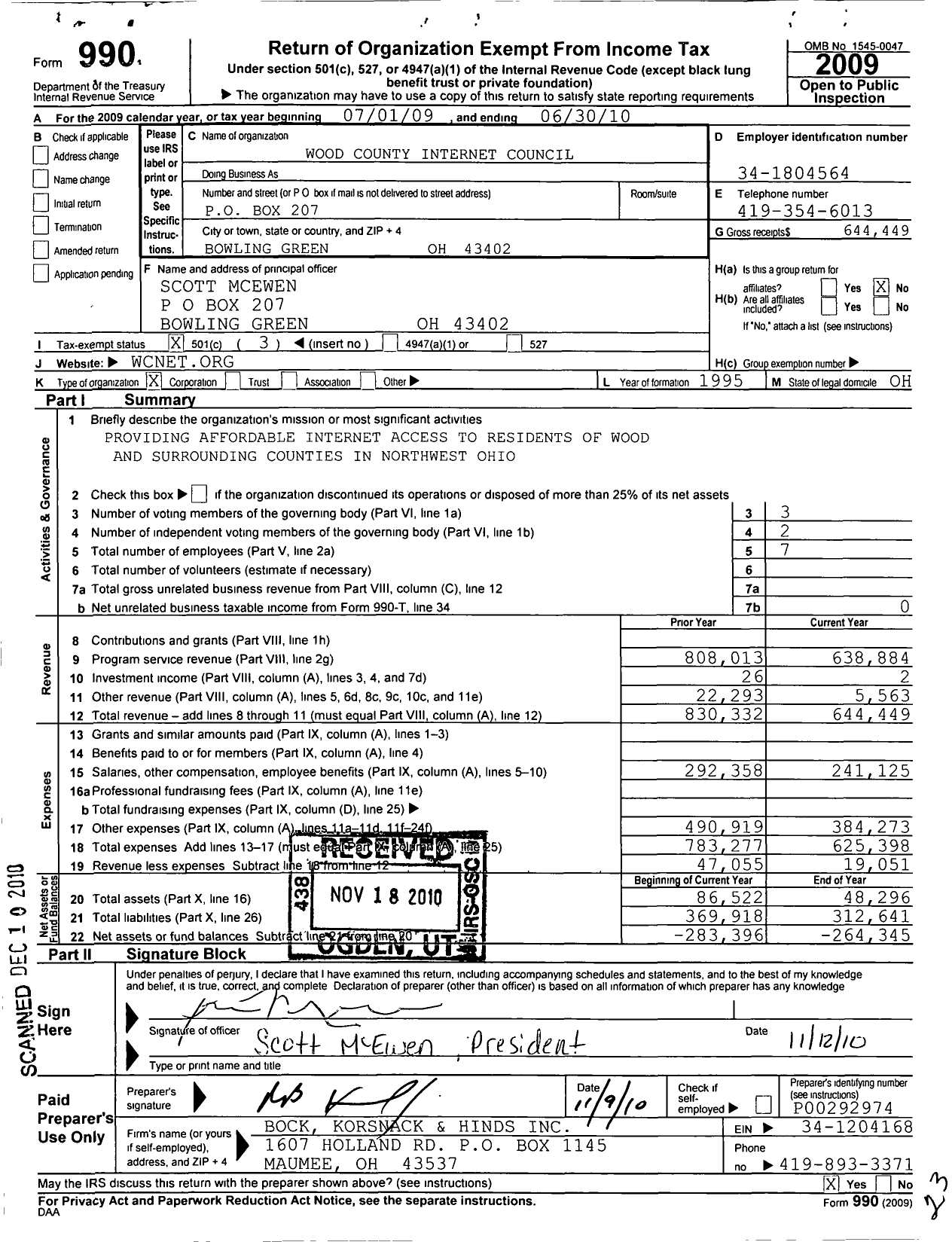 Image of first page of 2009 Form 990 for Wood County Internet Council