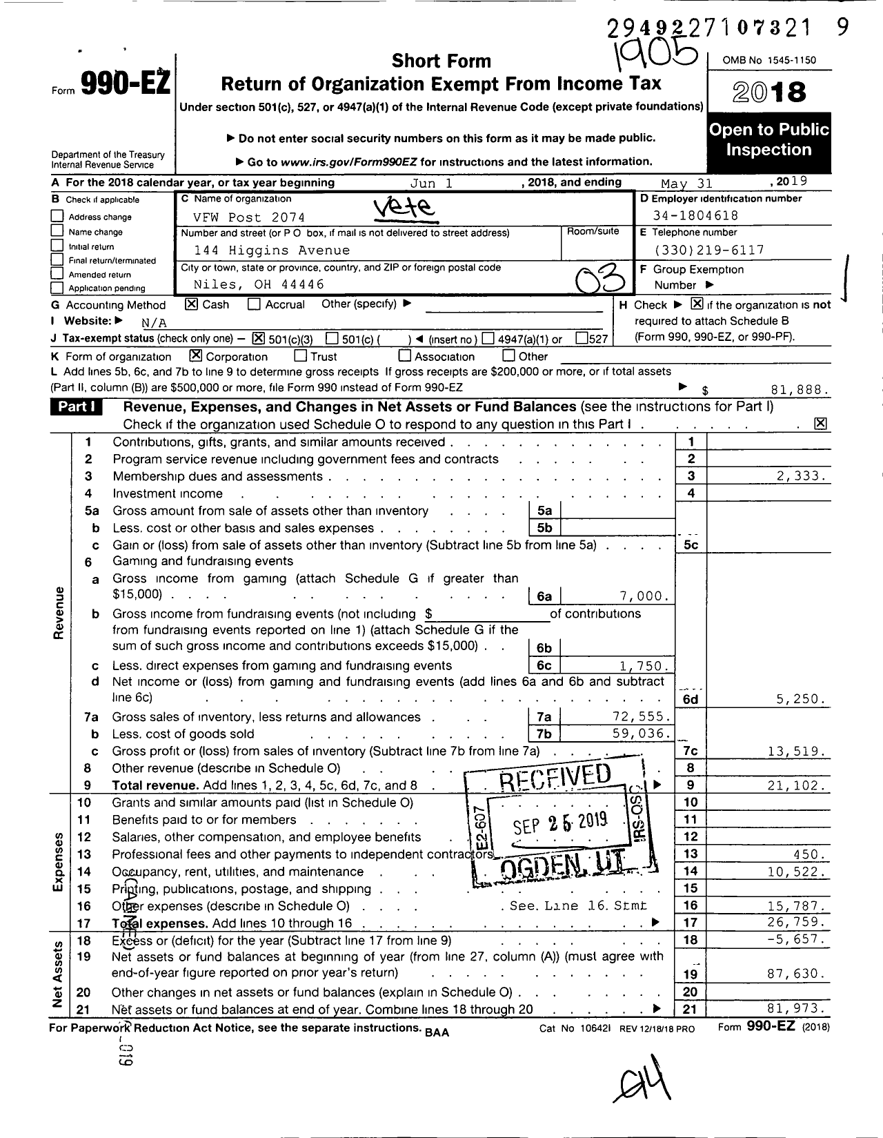 Image of first page of 2018 Form 990EZ for Ohio VFW - 2074 VFW Post