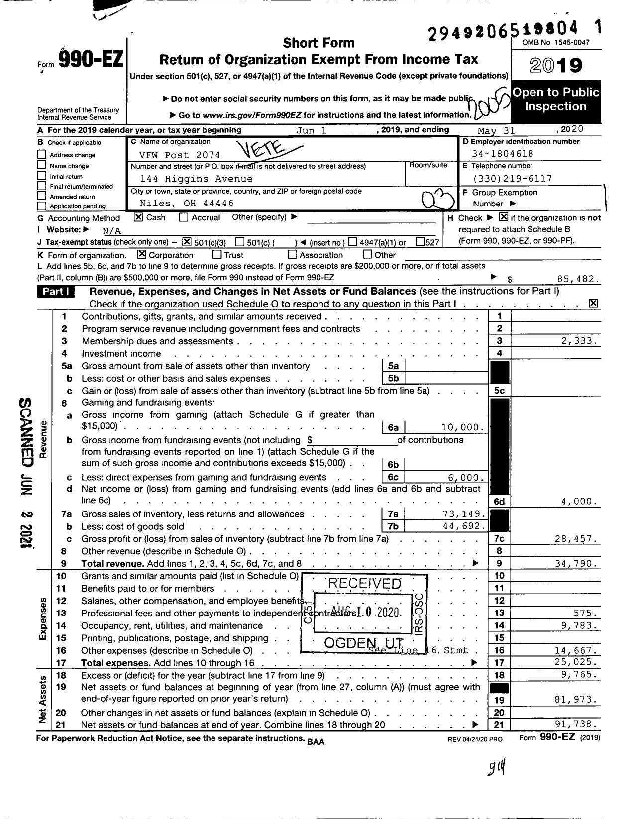 Image of first page of 2019 Form 990EZ for Ohio VFW - 2074 VFW Post