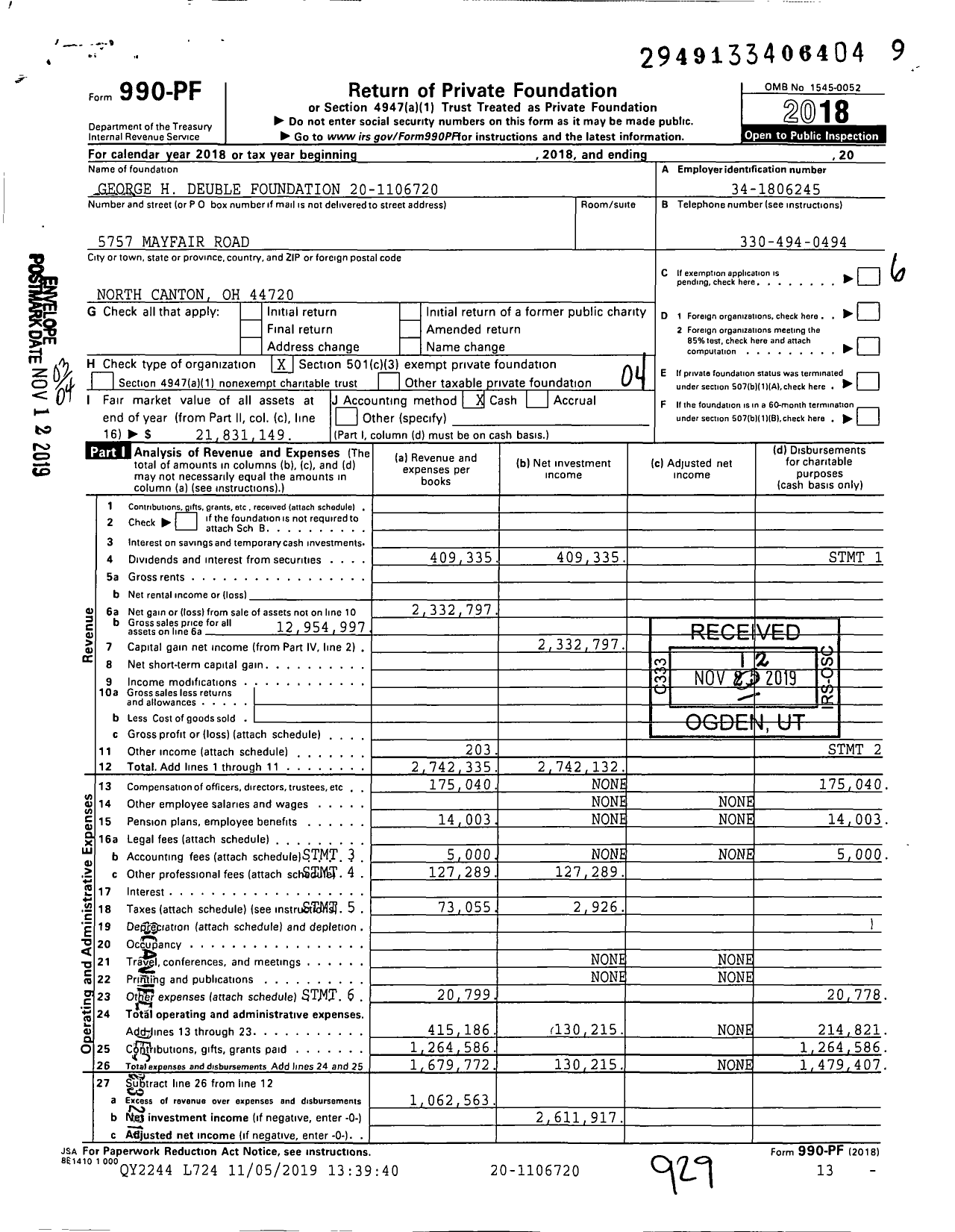 Image of first page of 2018 Form 990PF for George H Deuble Foundation