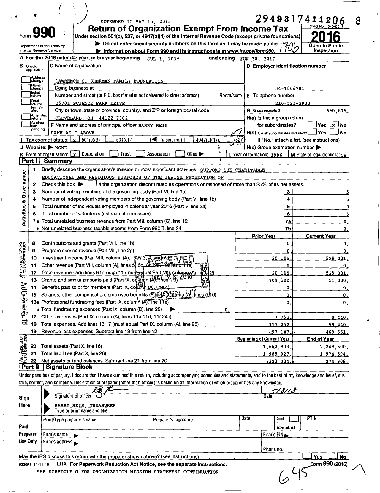 Image of first page of 2016 Form 990 for Lawrence C Sherman Family Foundation