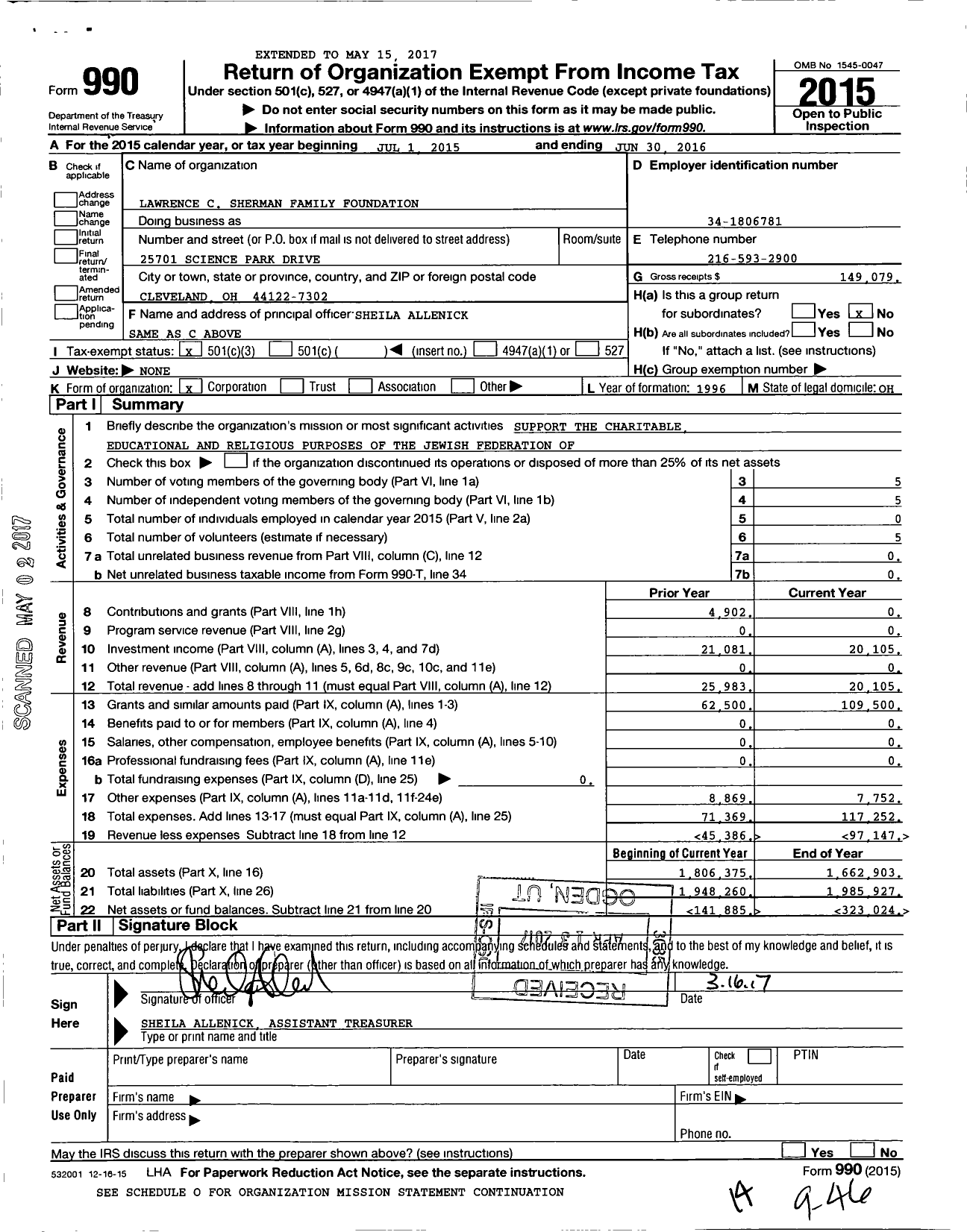 Image of first page of 2015 Form 990 for Lawrence C Sherman Family Foundation