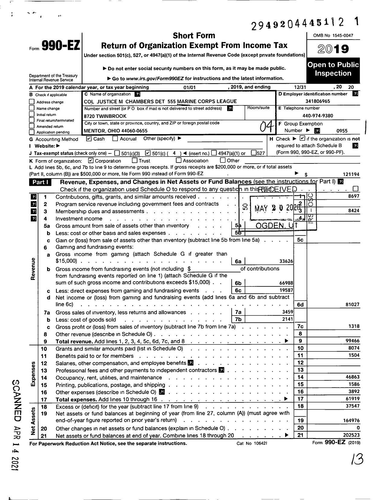 Image of first page of 2019 Form 990EO for Marine Corps League - 555 Col Justice M Chambers Det MCL