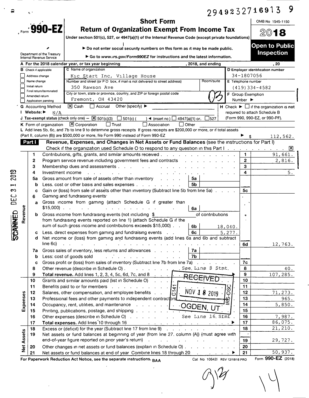 Image of first page of 2018 Form 990EZ for Kic Start Village House