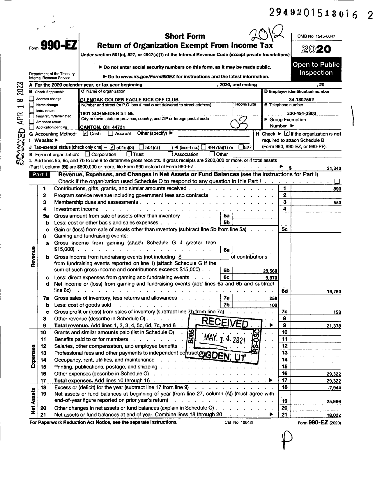 Image of first page of 2020 Form 990EZ for GlenOak Golden Eagle Kick Off Club