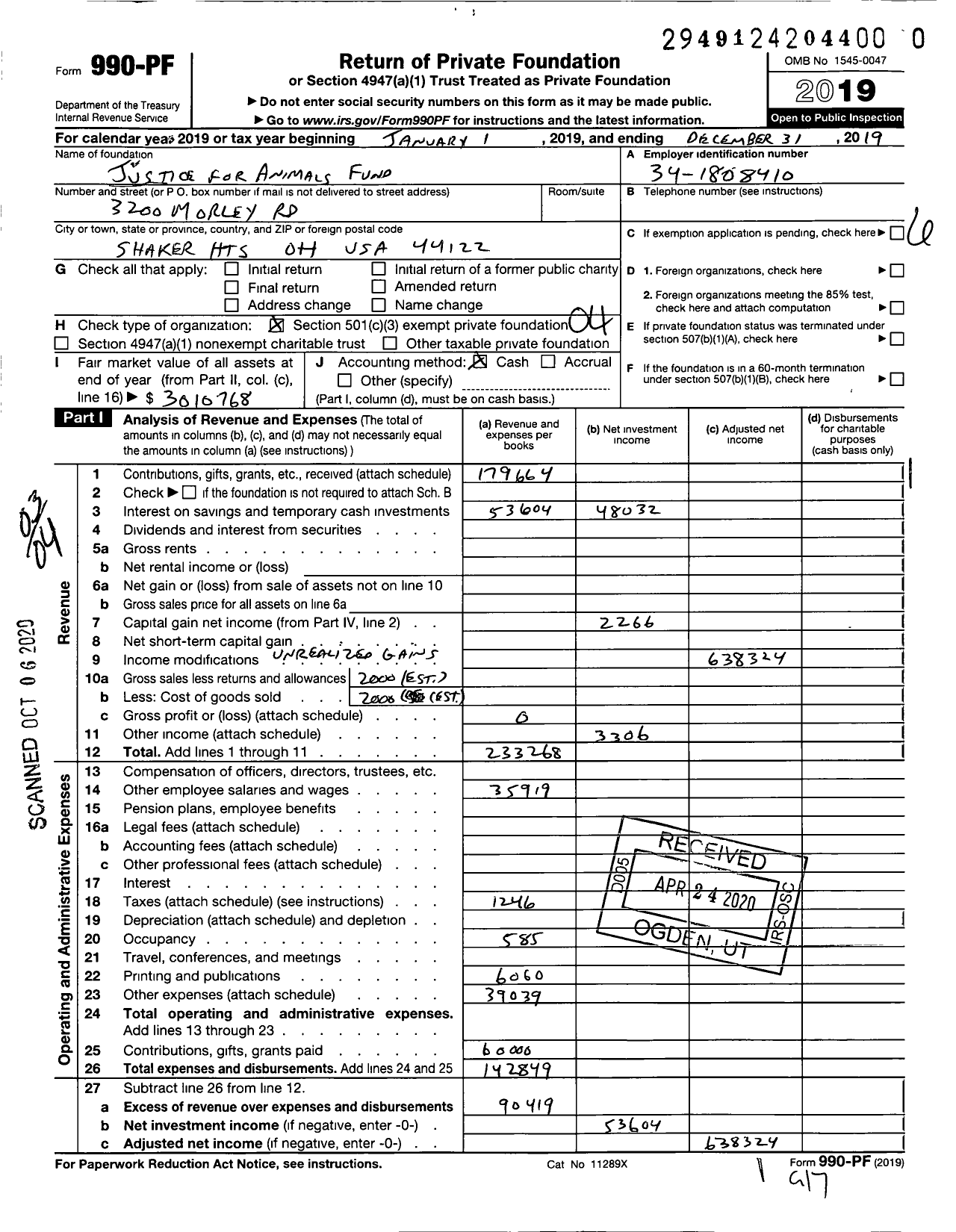 Image of first page of 2019 Form 990PR for Justice for Animals Fund