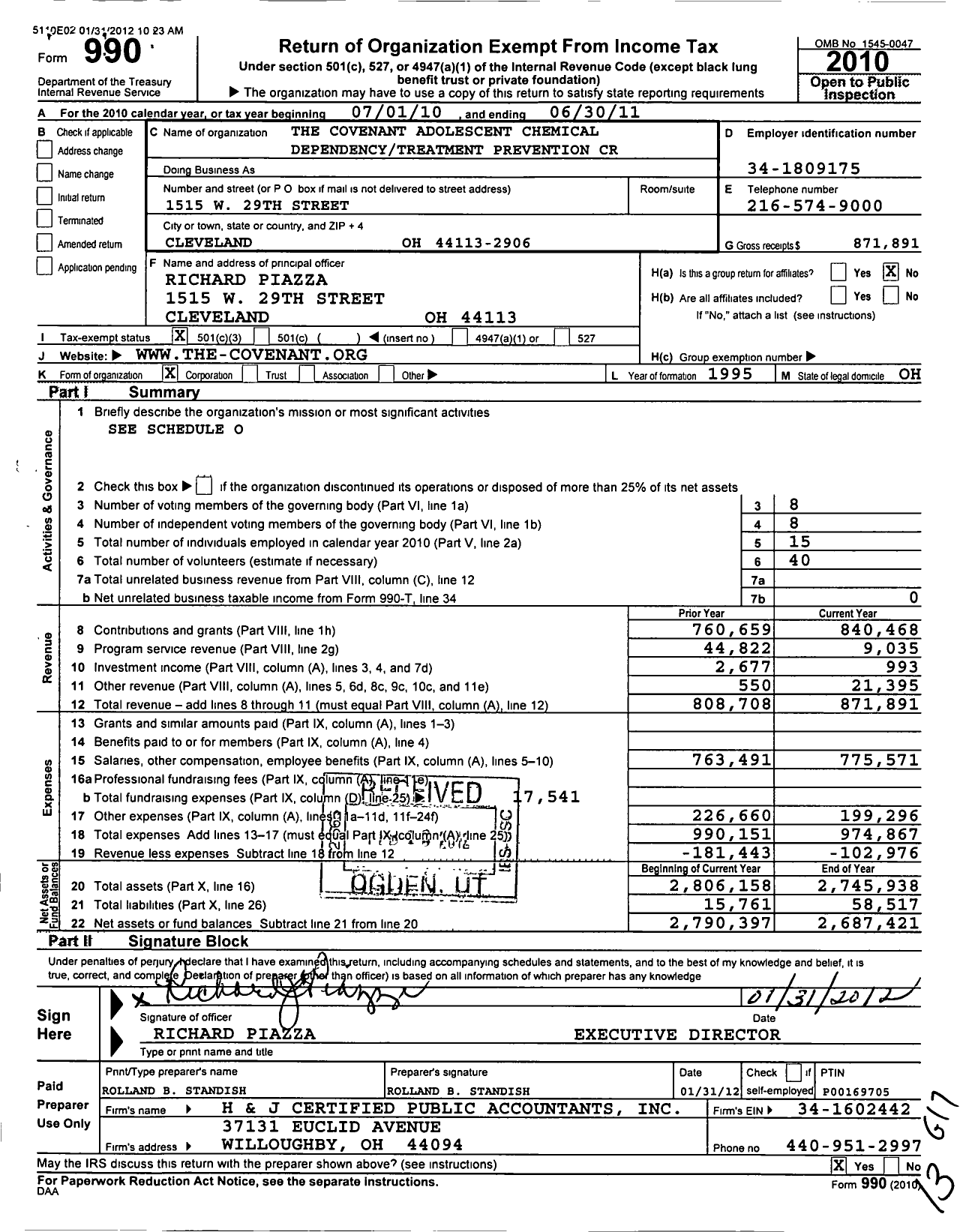 Image of first page of 2010 Form 990 for Covenant Adolescent Chemical Dependency Treatment and Prevention