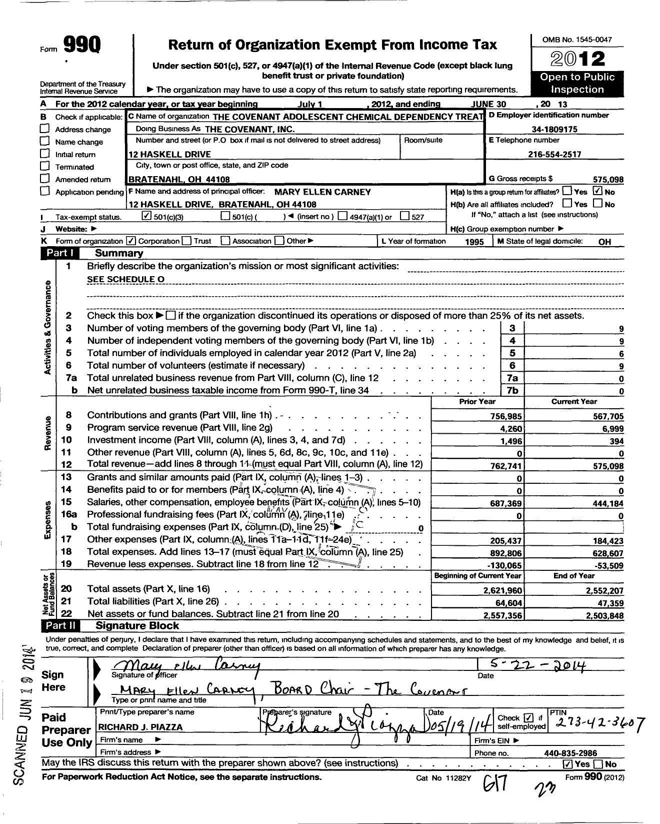 Image of first page of 2012 Form 990 for Covenant Adolescent Chemical Dependency Treatment and Prevention