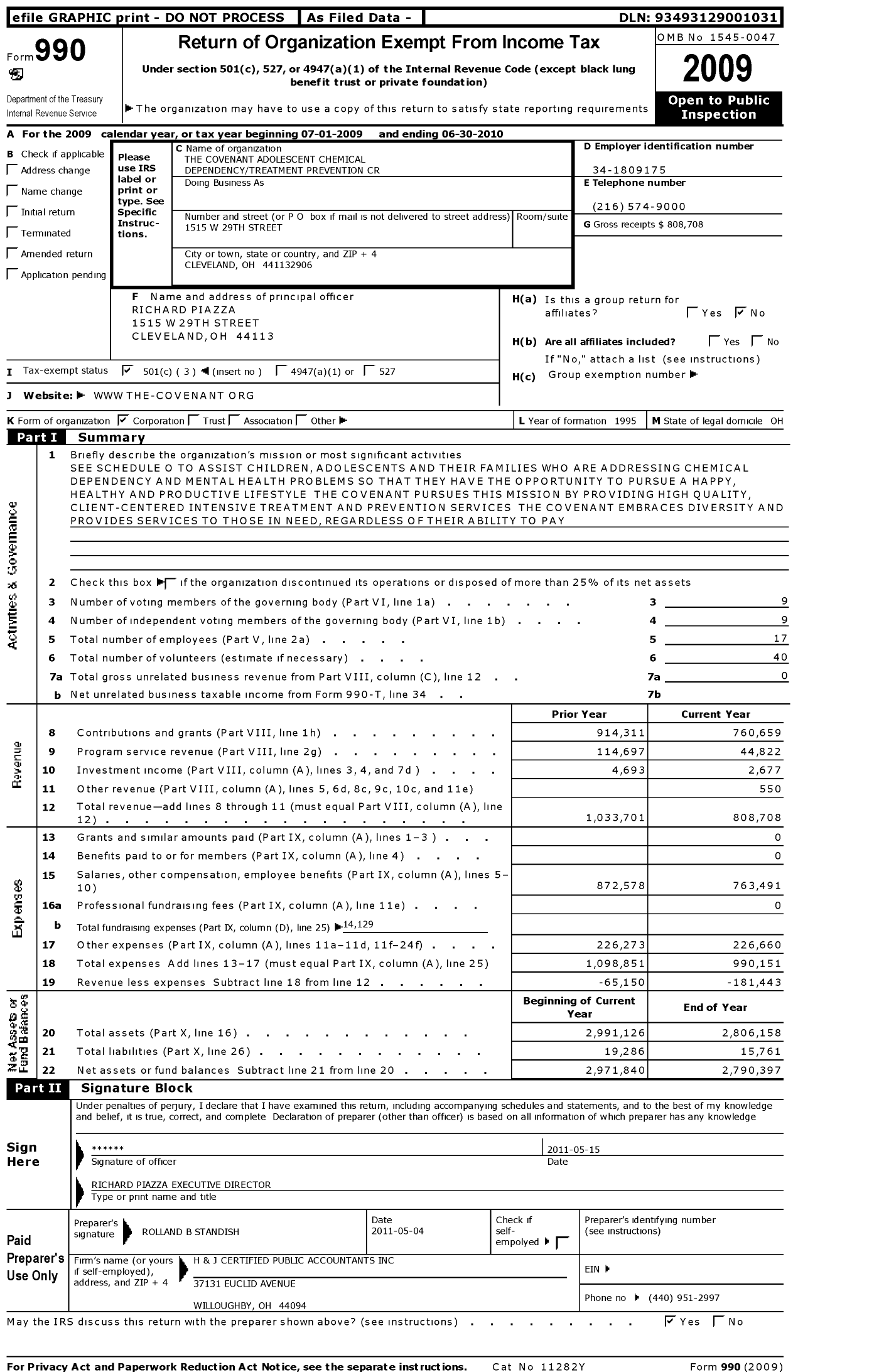 Image of first page of 2009 Form 990 for Covenant Adolescent Chemical Dependency Treatment and Prevention