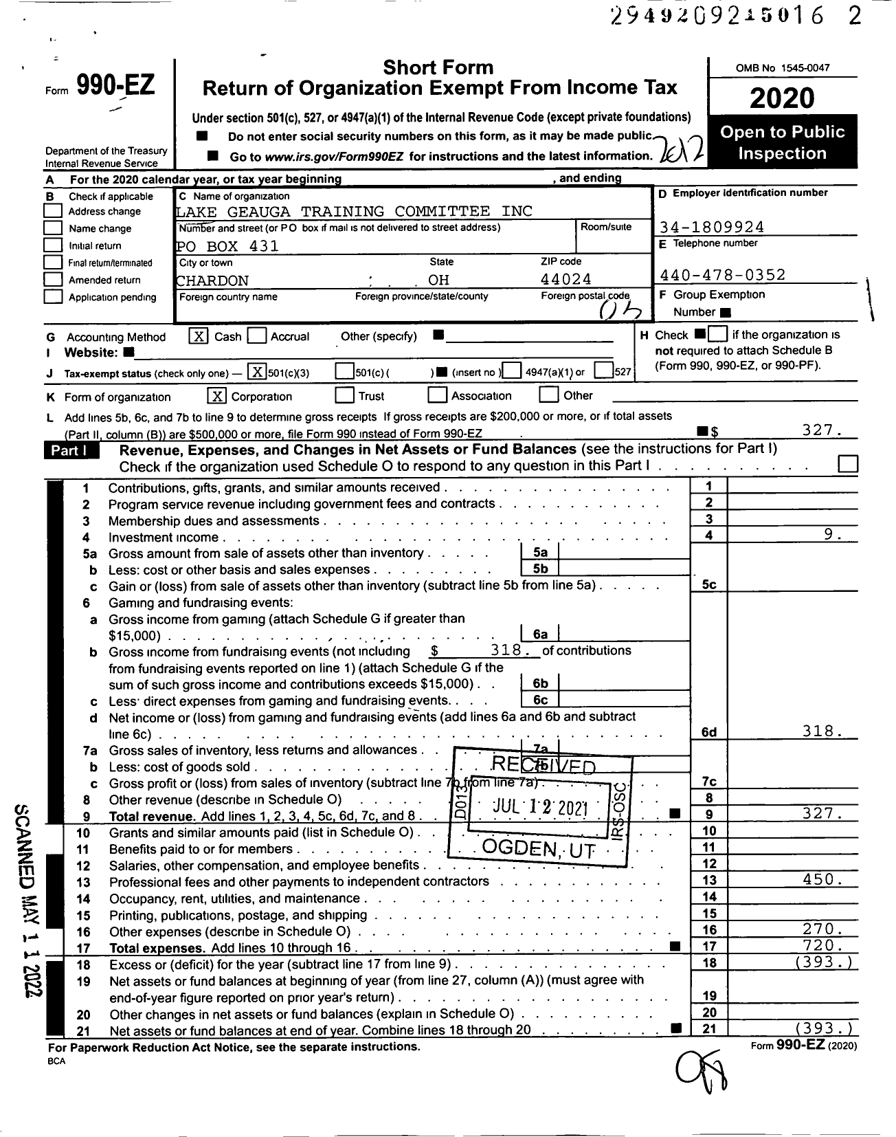 Image of first page of 2020 Form 990EZ for Lake Geauga Training Committee