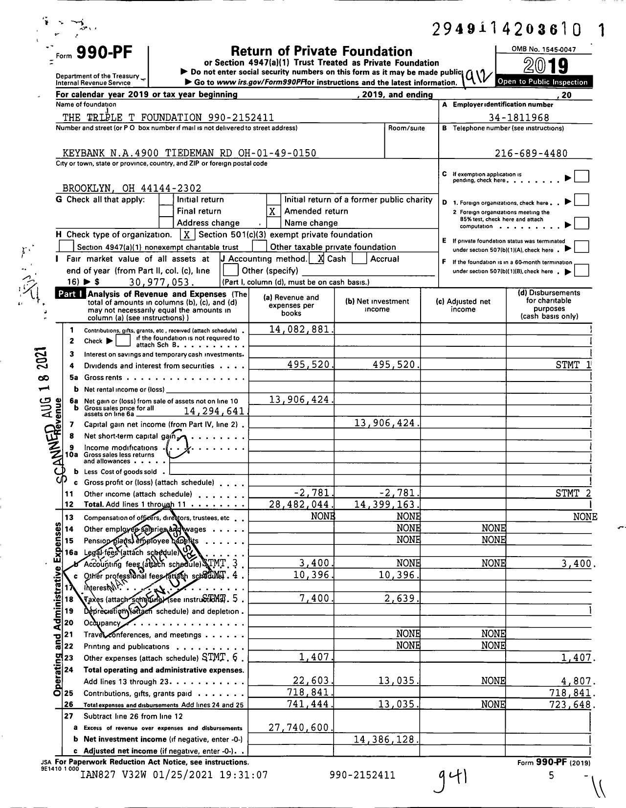 Image of first page of 2019 Form 990PF for Triple T Foundation