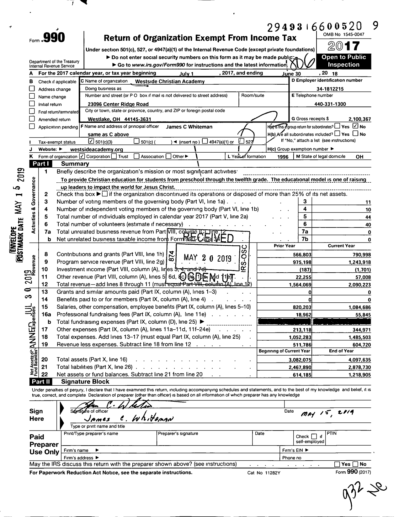 Image of first page of 2017 Form 990 for Westside Christian Academy