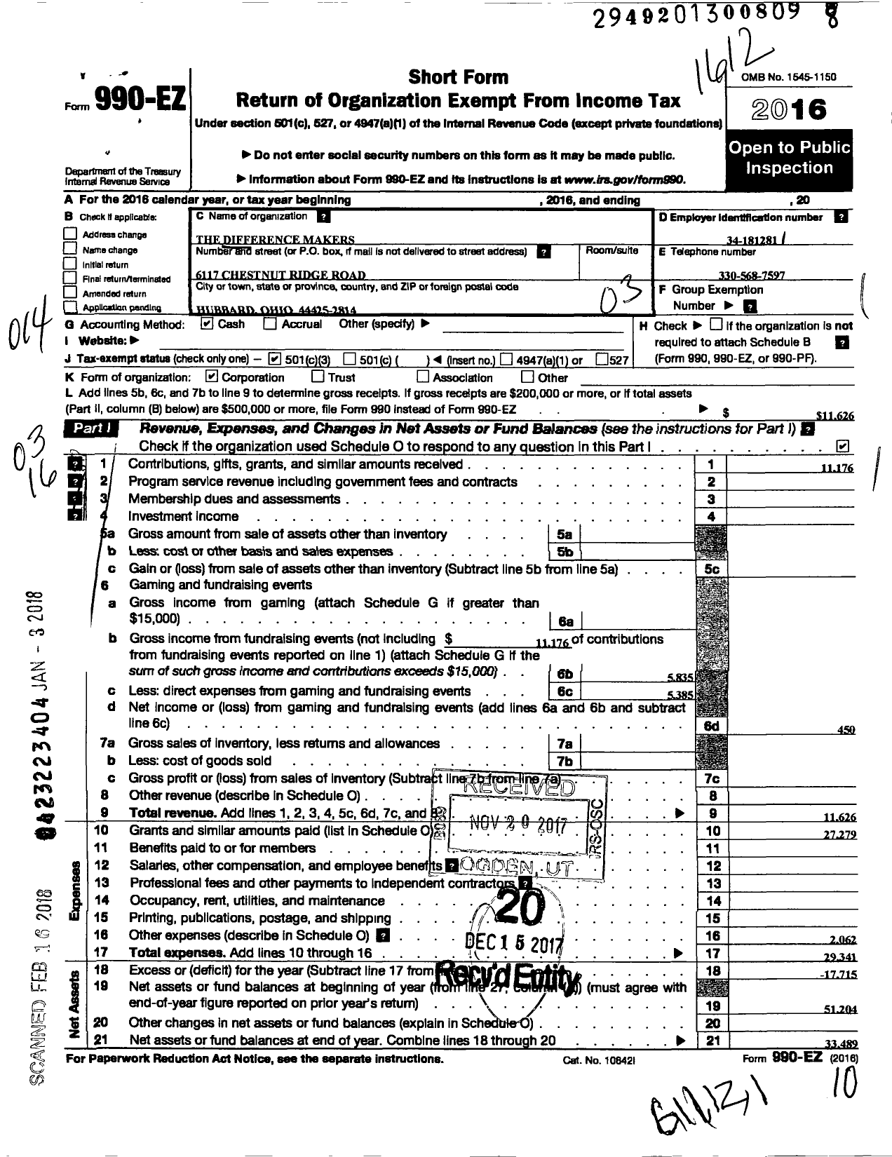 Image of first page of 2016 Form 990EZ for Difference Makers