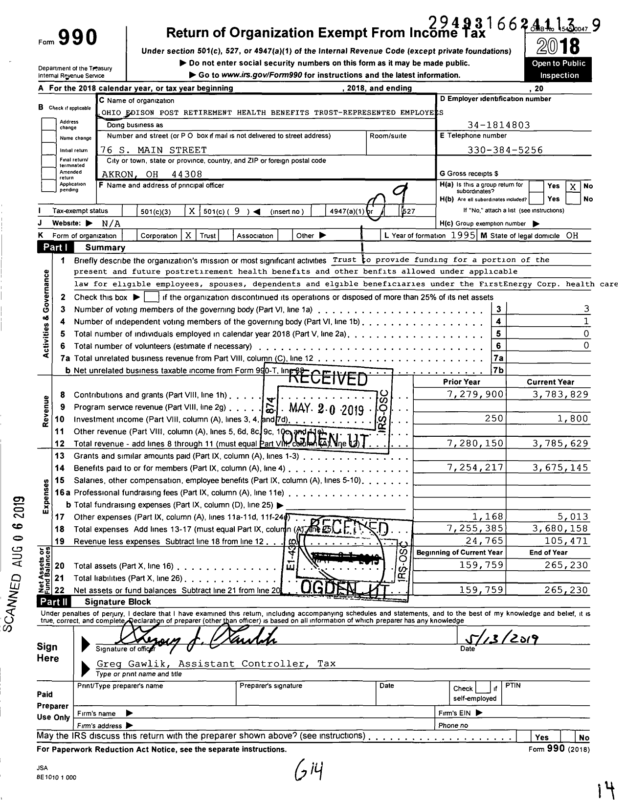 Image of first page of 2018 Form 990O for Ohio Edison Post Retirement Health Benefits Trust-Represented Employees