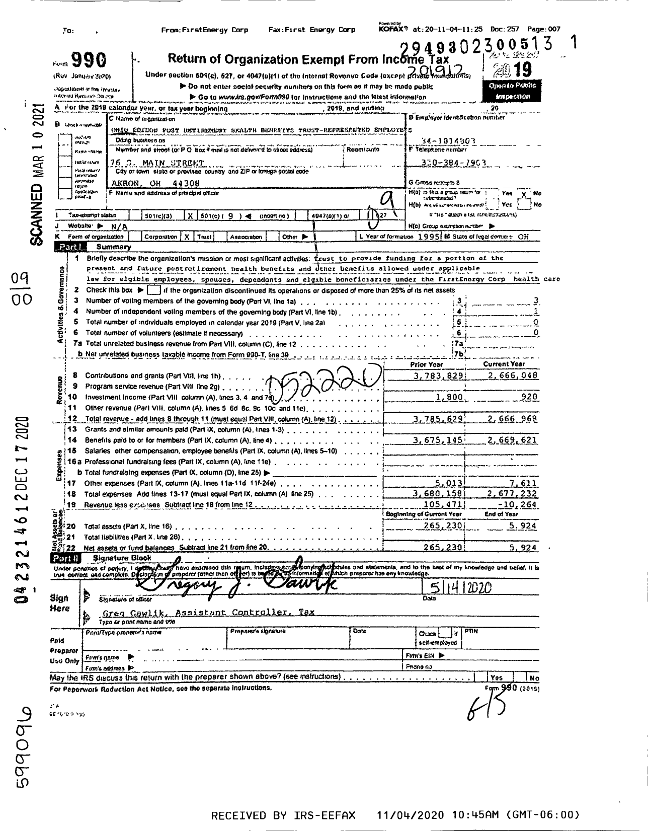 Image of first page of 2019 Form 990O for Ohio Edison Post Retirement Health Benefits Trust-Represented Employees