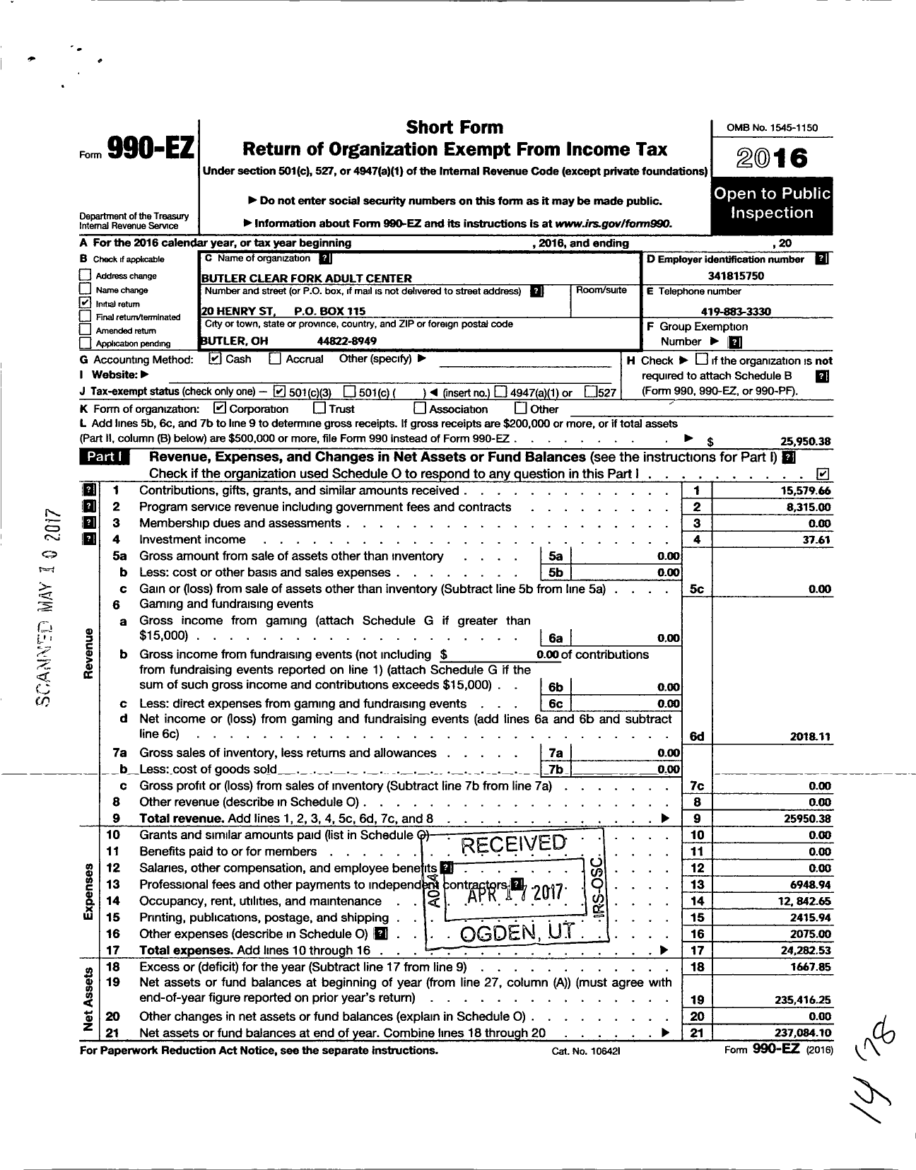 Image of first page of 2016 Form 990EZ for Butler-Clearfork Adult Center