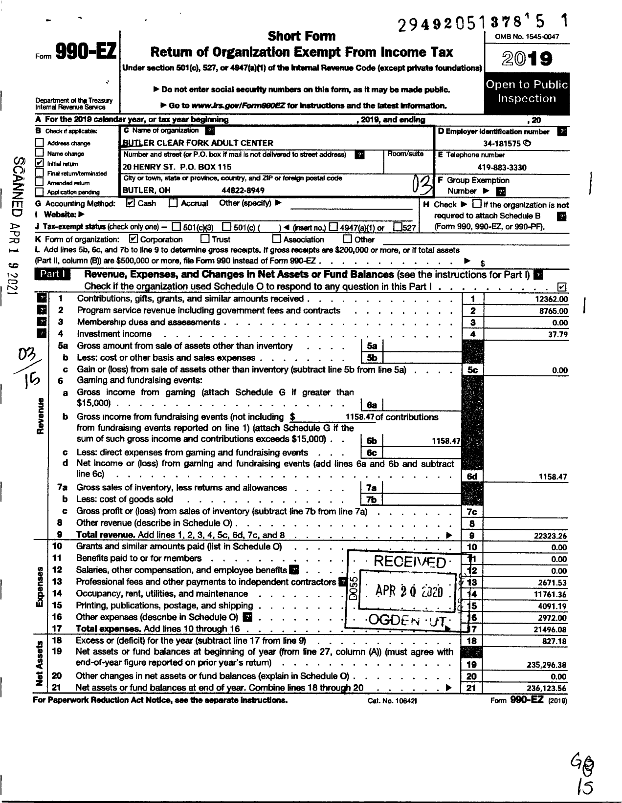 Image of first page of 2019 Form 990EZ for Butler-Clearfork Adult Center