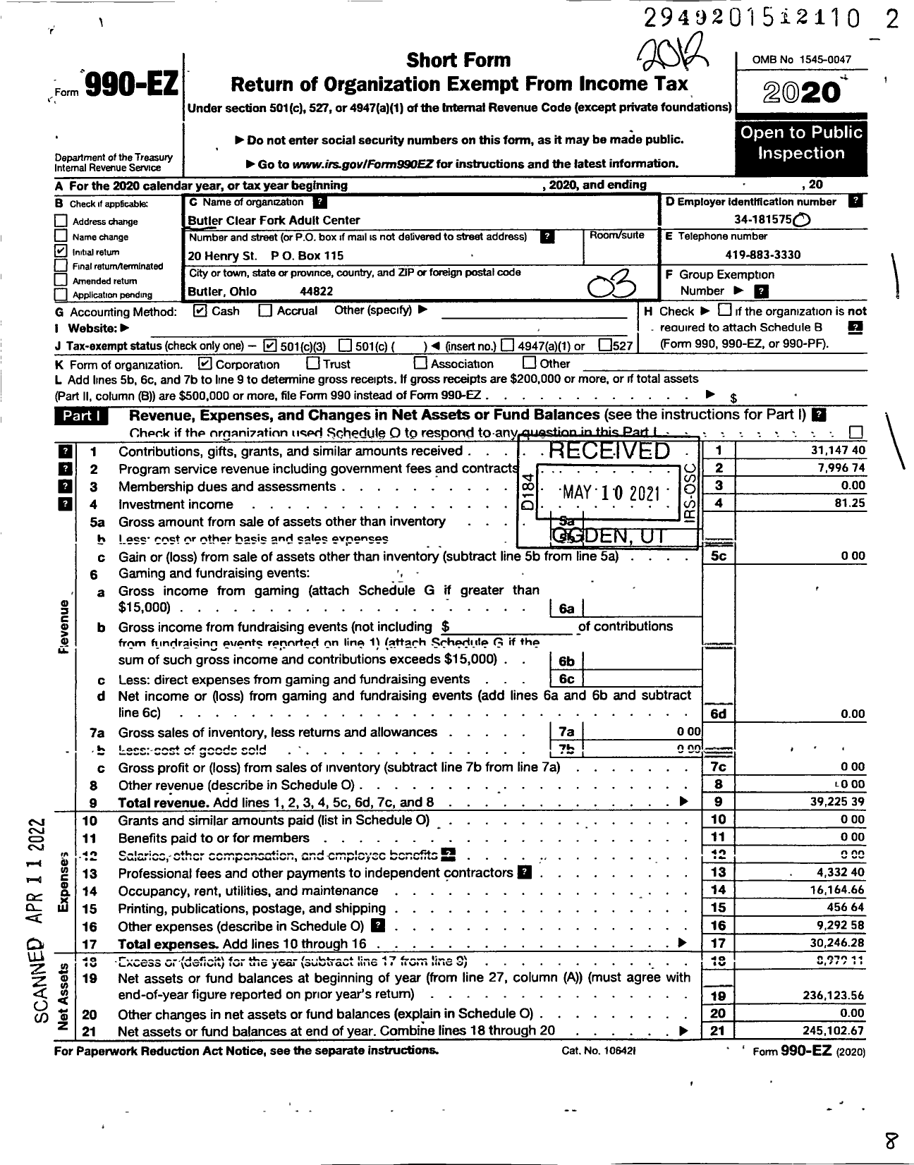 Image of first page of 2020 Form 990EZ for Butler-Clearfork Adult Center