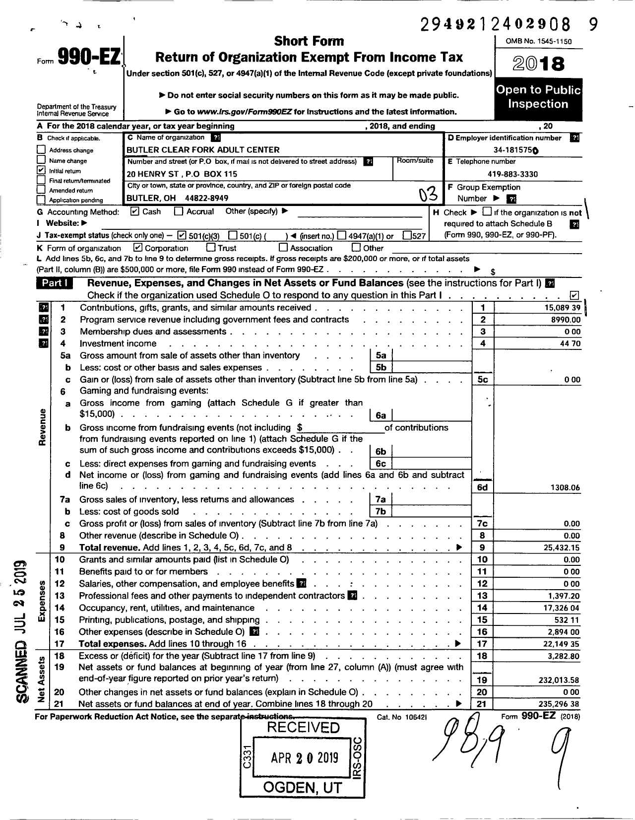 Image of first page of 2018 Form 990EZ for Butler-Clearfork Adult Center