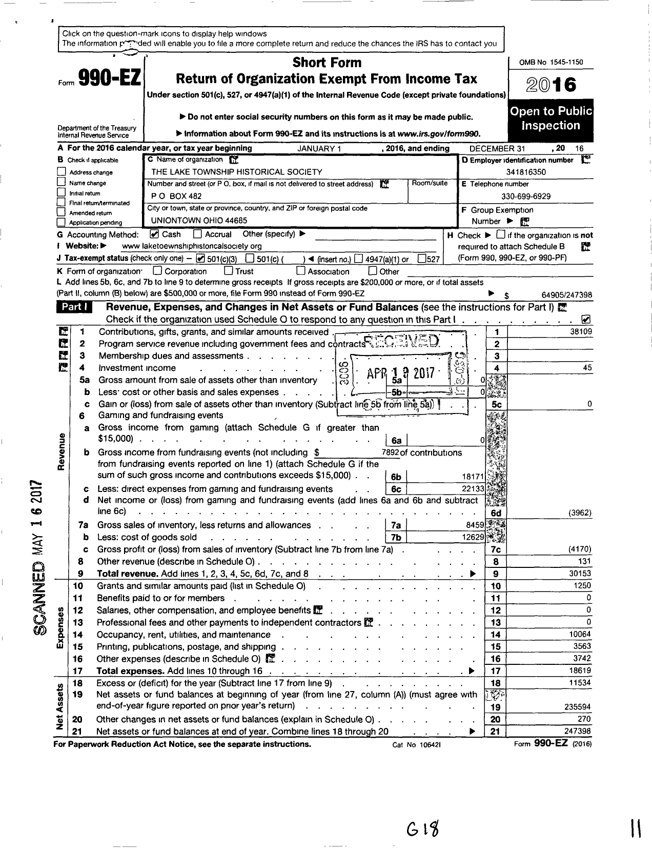 Image of first page of 2016 Form 990EZ for The Lake Township Historical Society