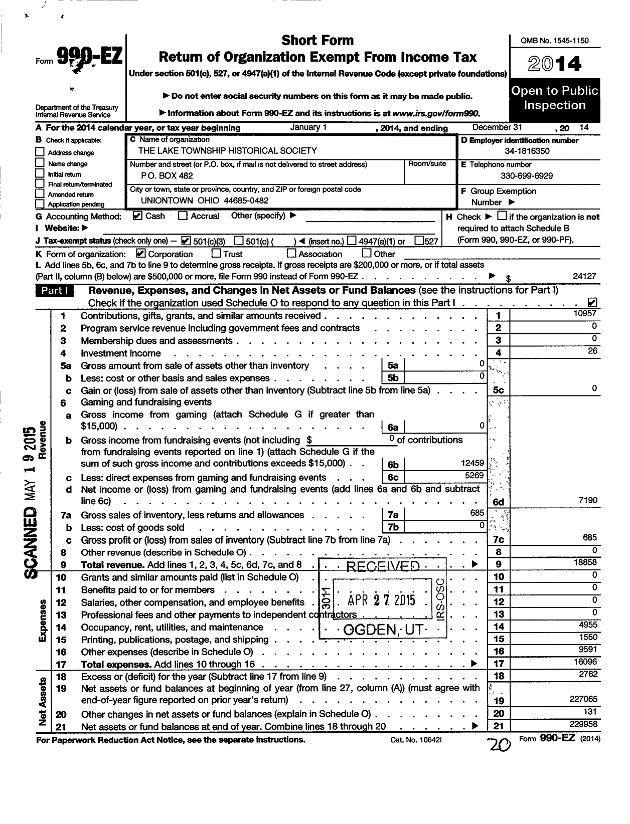 Image of first page of 2014 Form 990EZ for The Lake Township Historical Society