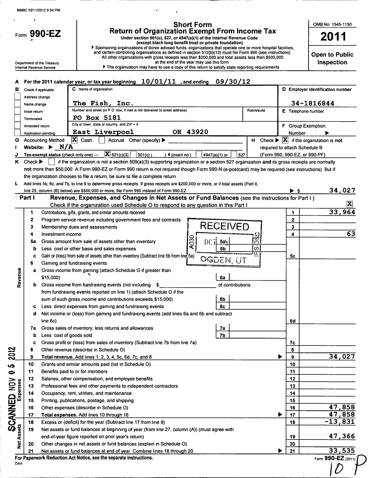 Image of first page of 2011 Form 990EZ for The Fish