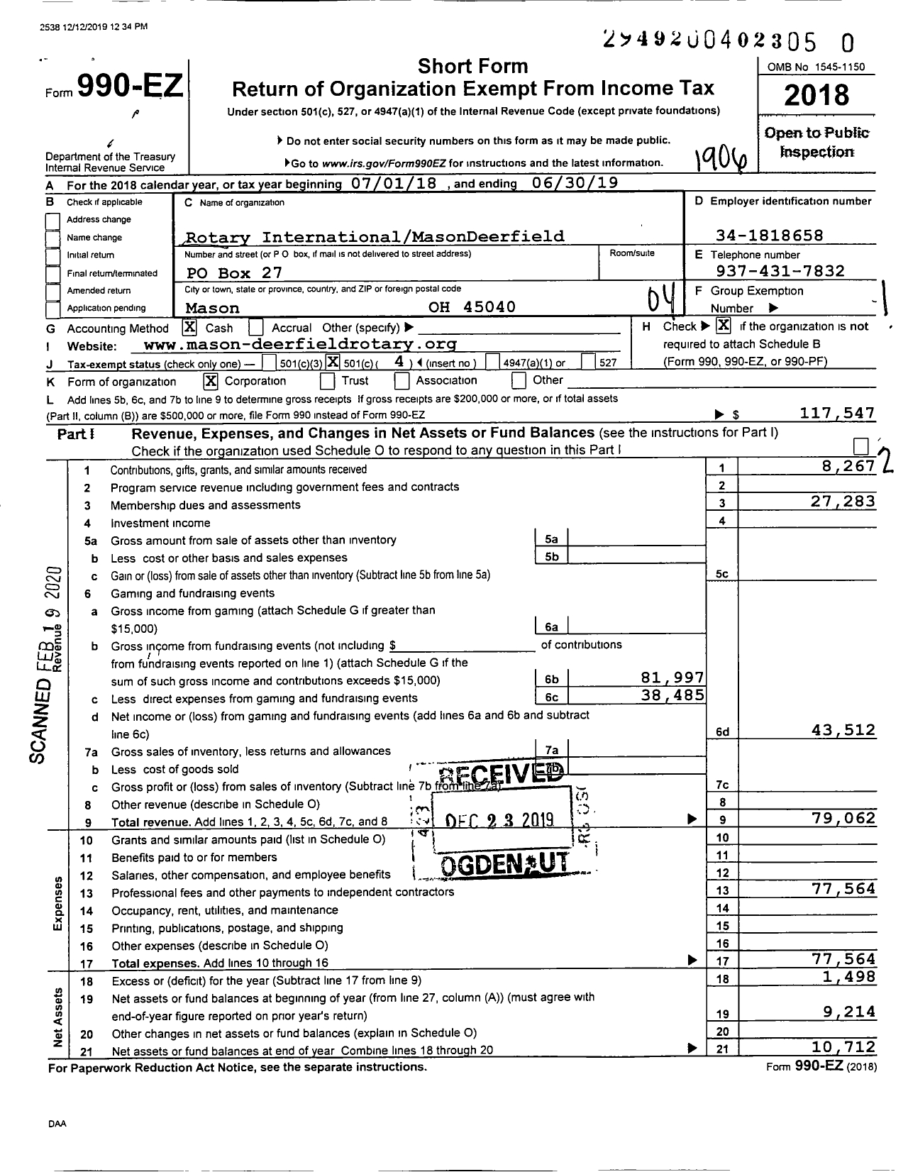 Image of first page of 2018 Form 990EO for Rotary International - Mason Deerfield Township Rotary