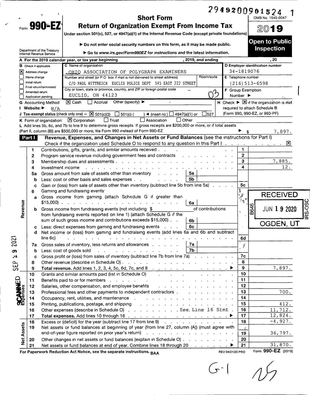 Image of first page of 2019 Form 990EZ for Ohio Association of Polygraph Examiners