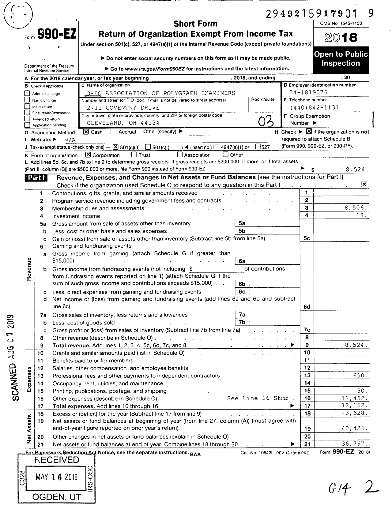 Image of first page of 2018 Form 990EZ for Ohio Association of Polygraph Examiners