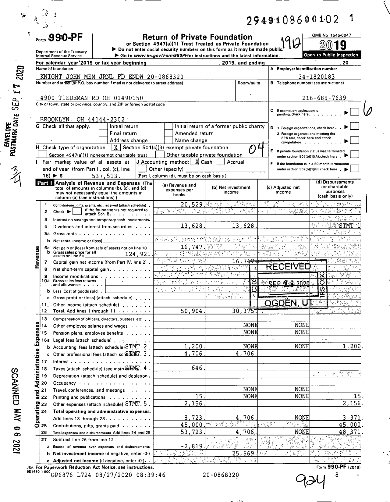 Image of first page of 2019 Form 990PF for Knight John Mem JRNL FD Endw