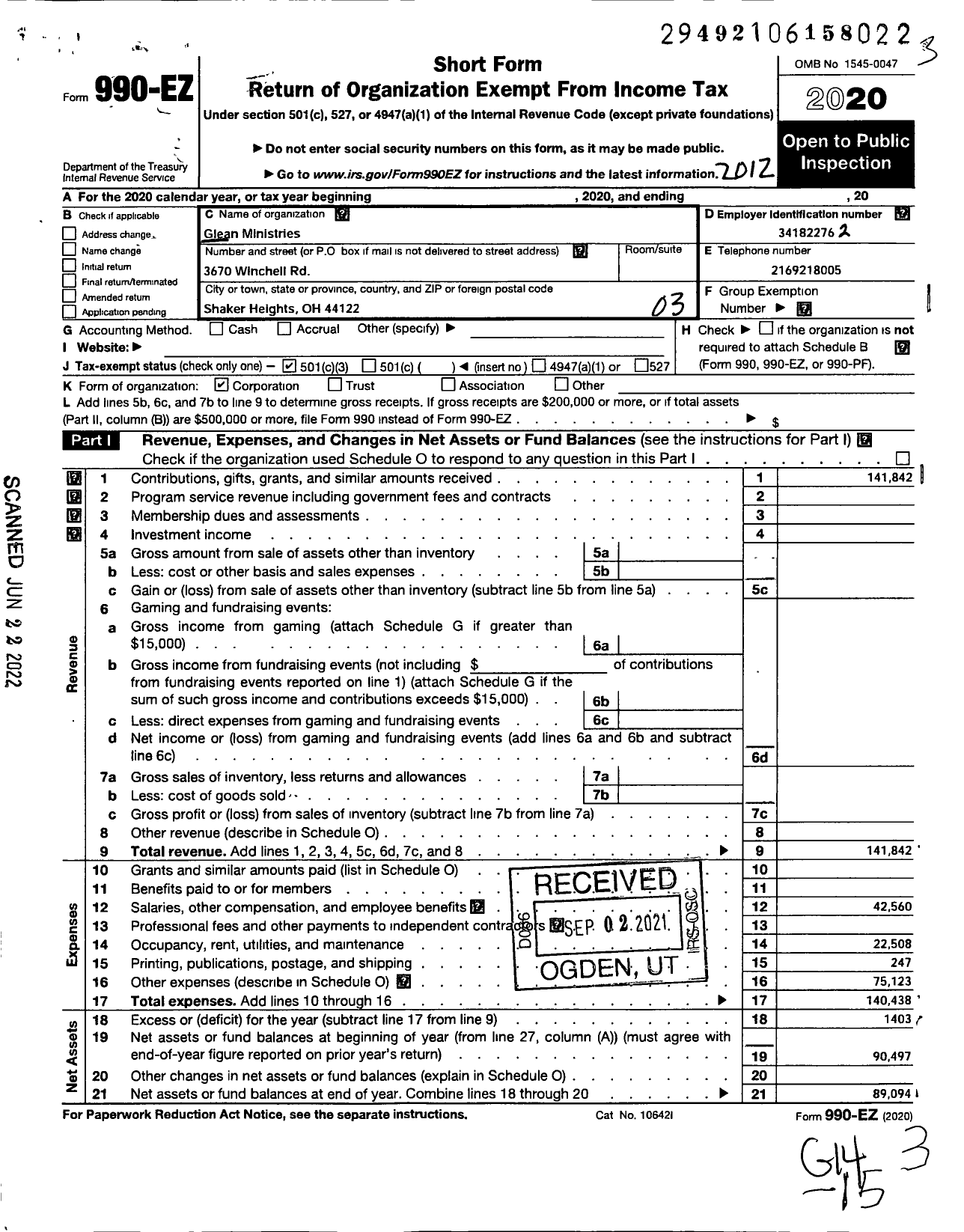 Image of first page of 2020 Form 990EZ for Glean Ministries