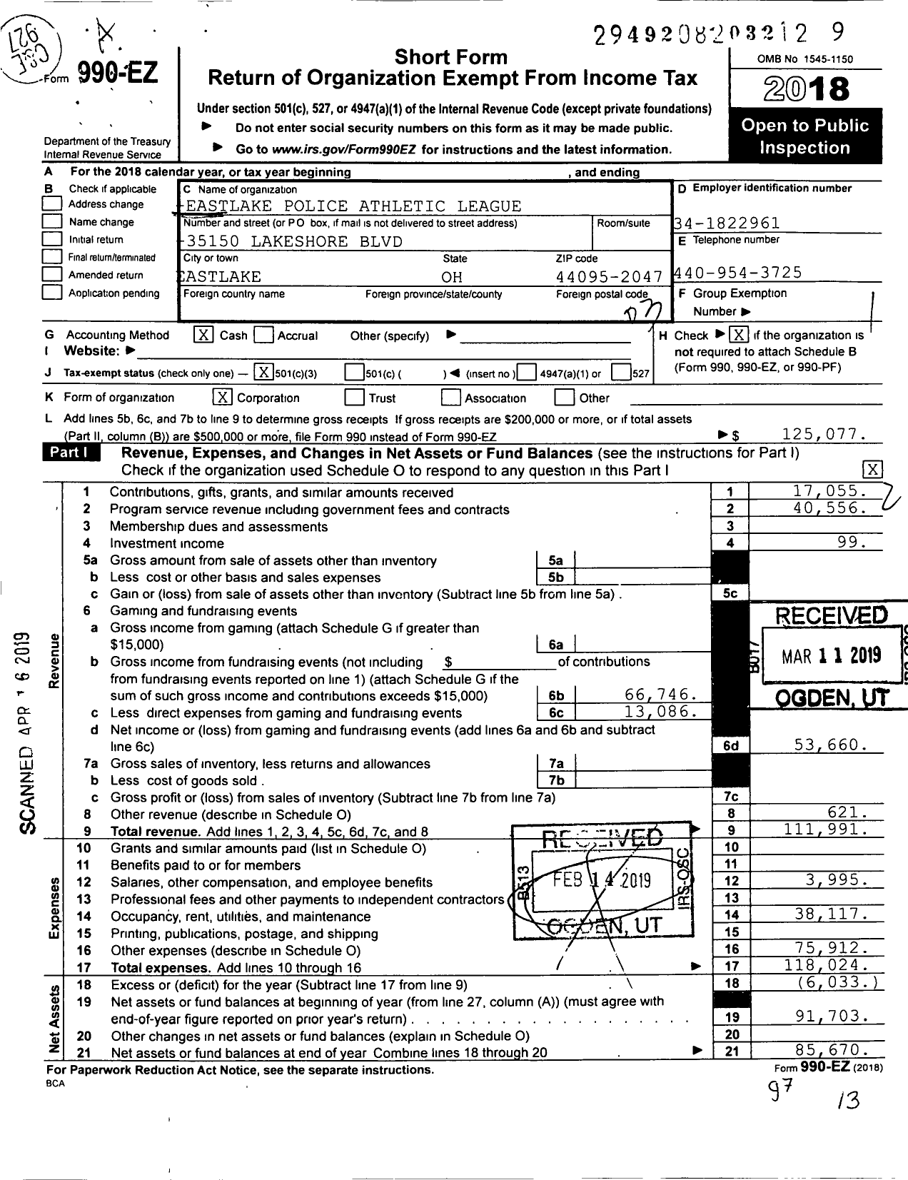 Image of first page of 2018 Form 990EZ for Eastlake Police Athletic League