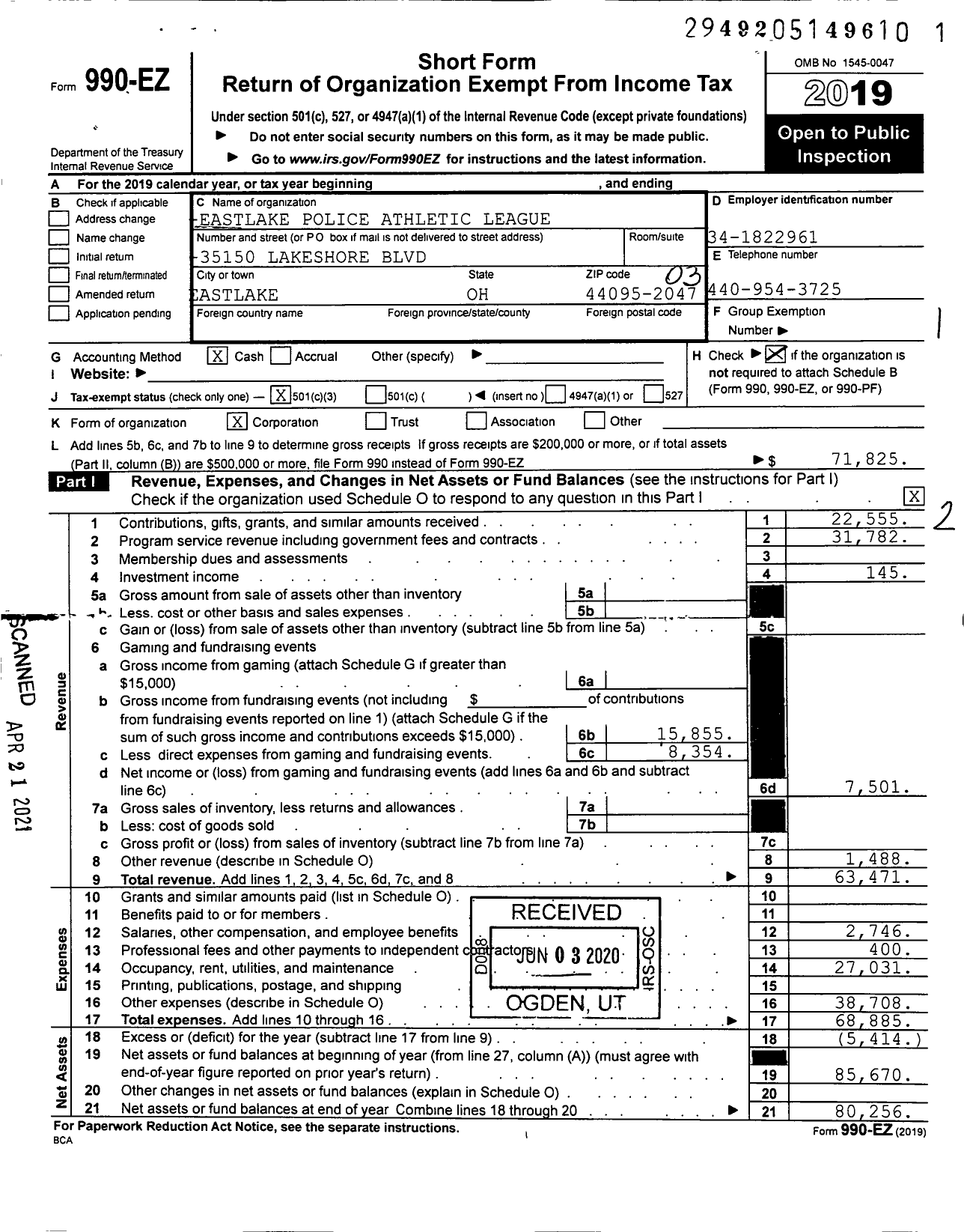 Image of first page of 2019 Form 990EZ for Eastlake Police Athletic League