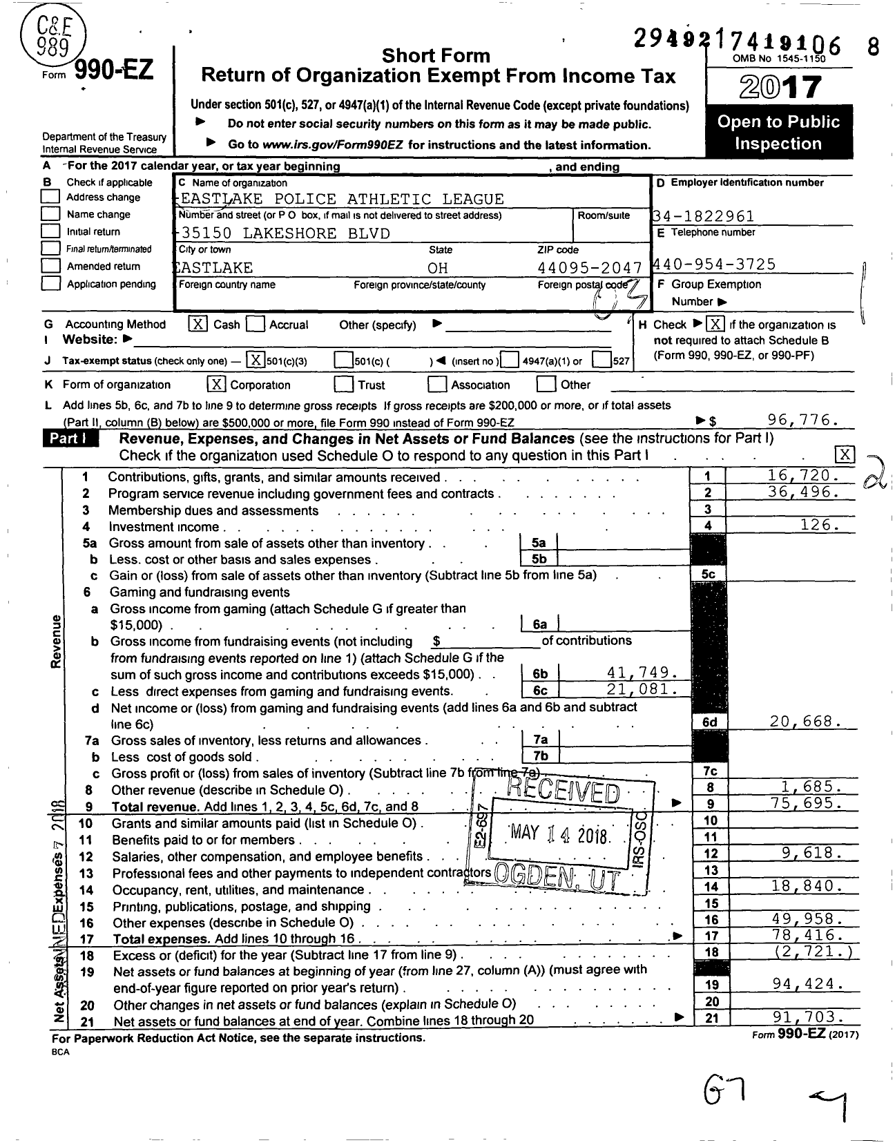 Image of first page of 2017 Form 990EZ for Eastlake Police Athletic League