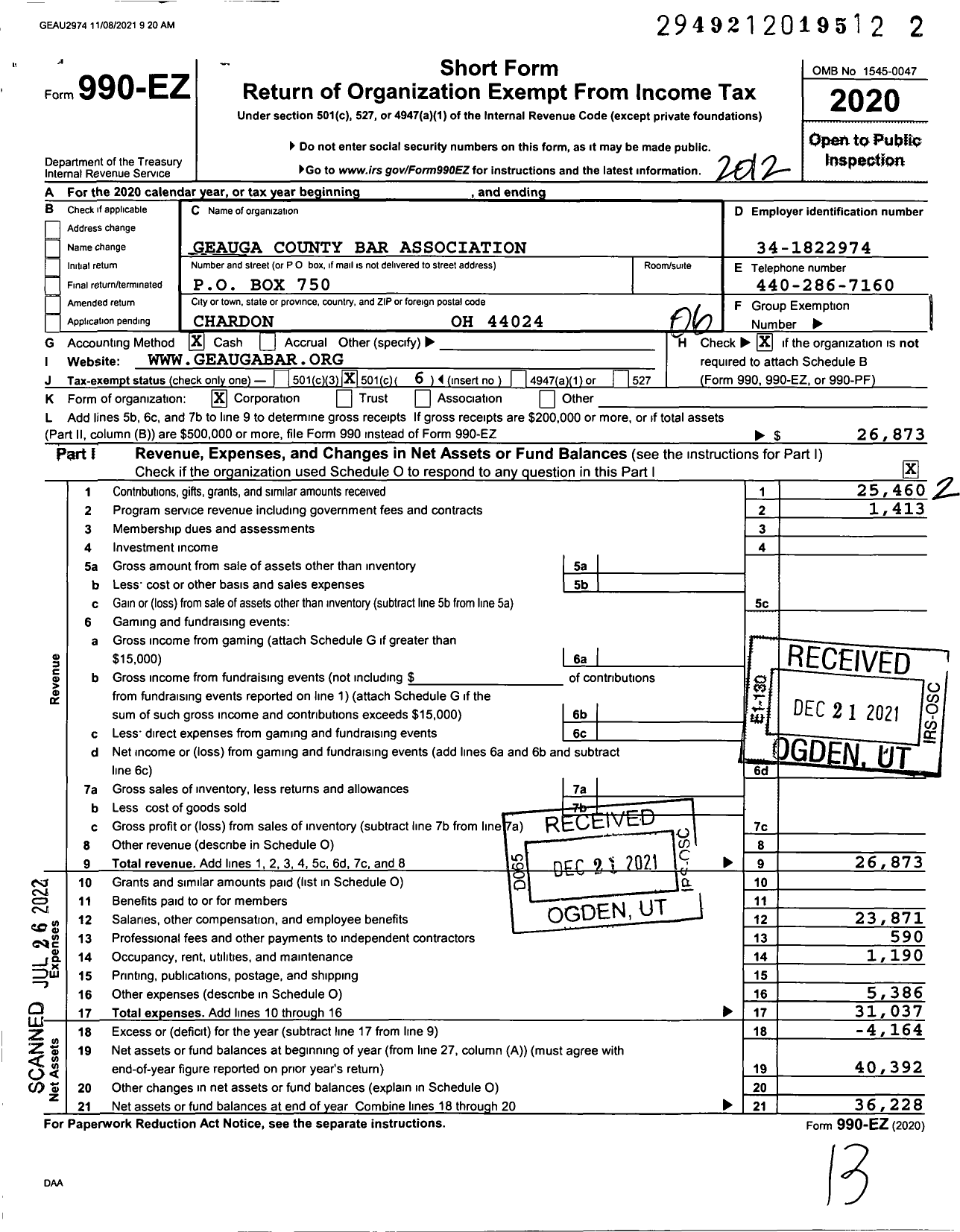 Image of first page of 2020 Form 990EO for Geauga County Bar Association