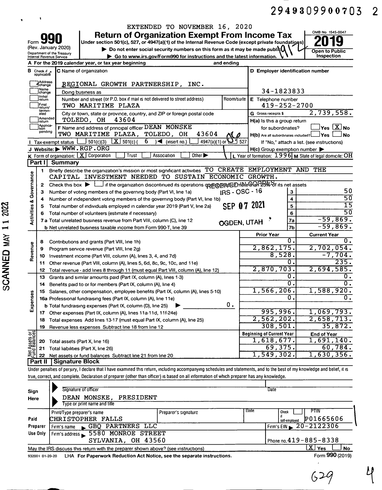 Image of first page of 2019 Form 990O for Regional Growth Partnership (RGB)