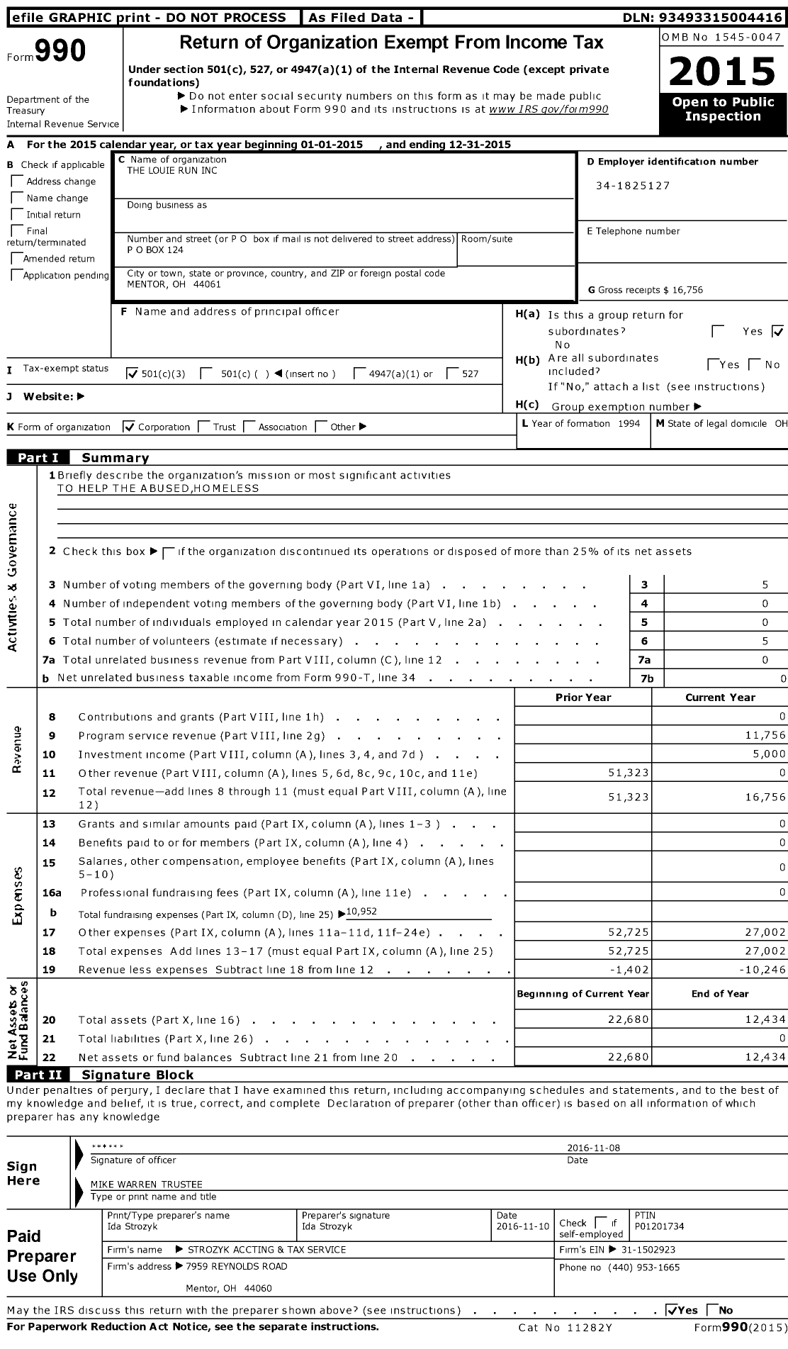 Image of first page of 2015 Form 990 for The Louie Run