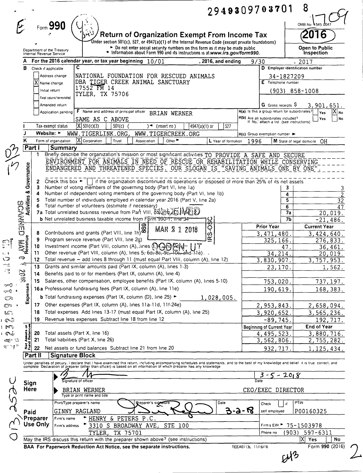 Image of first page of 2016 Form 990 for Tiger Creek Animal Sanctuary