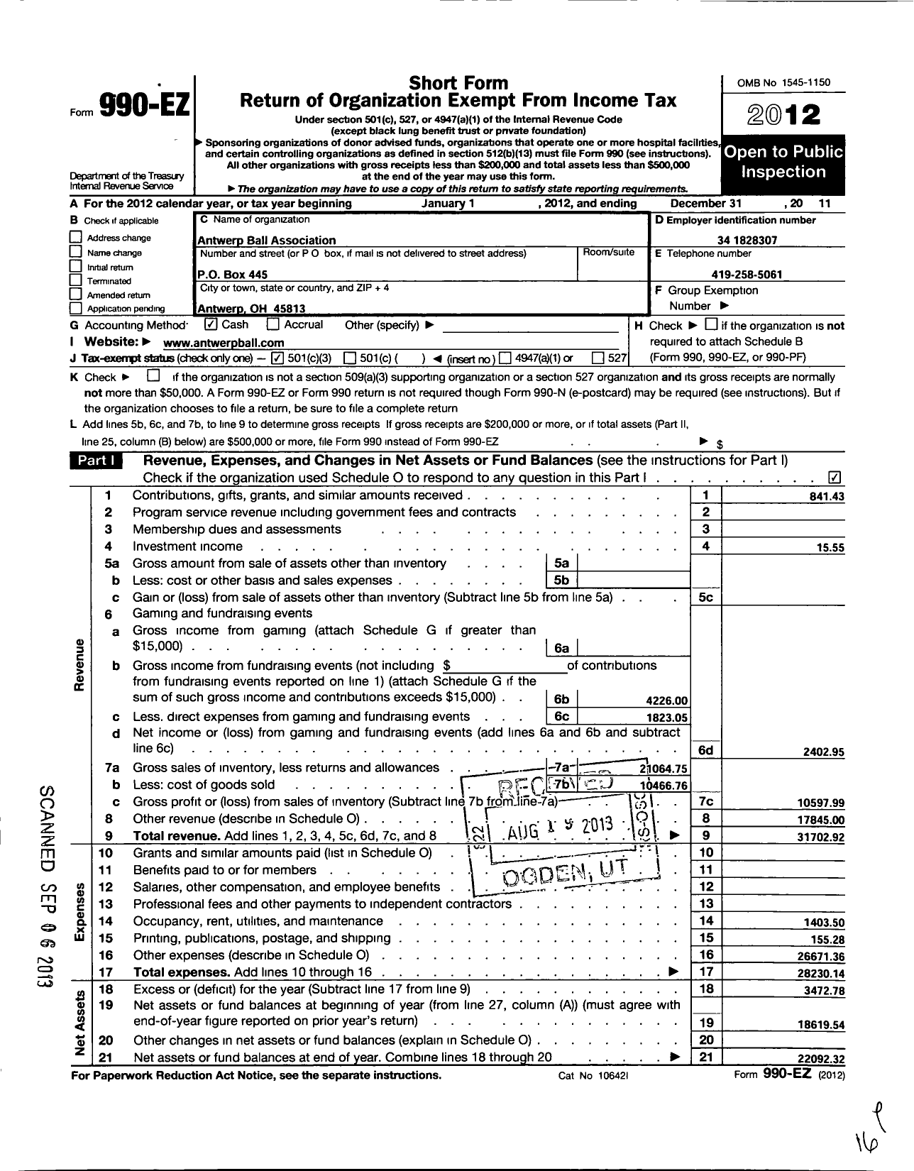 Image of first page of 2011 Form 990EZ for Antwerp Ball Association