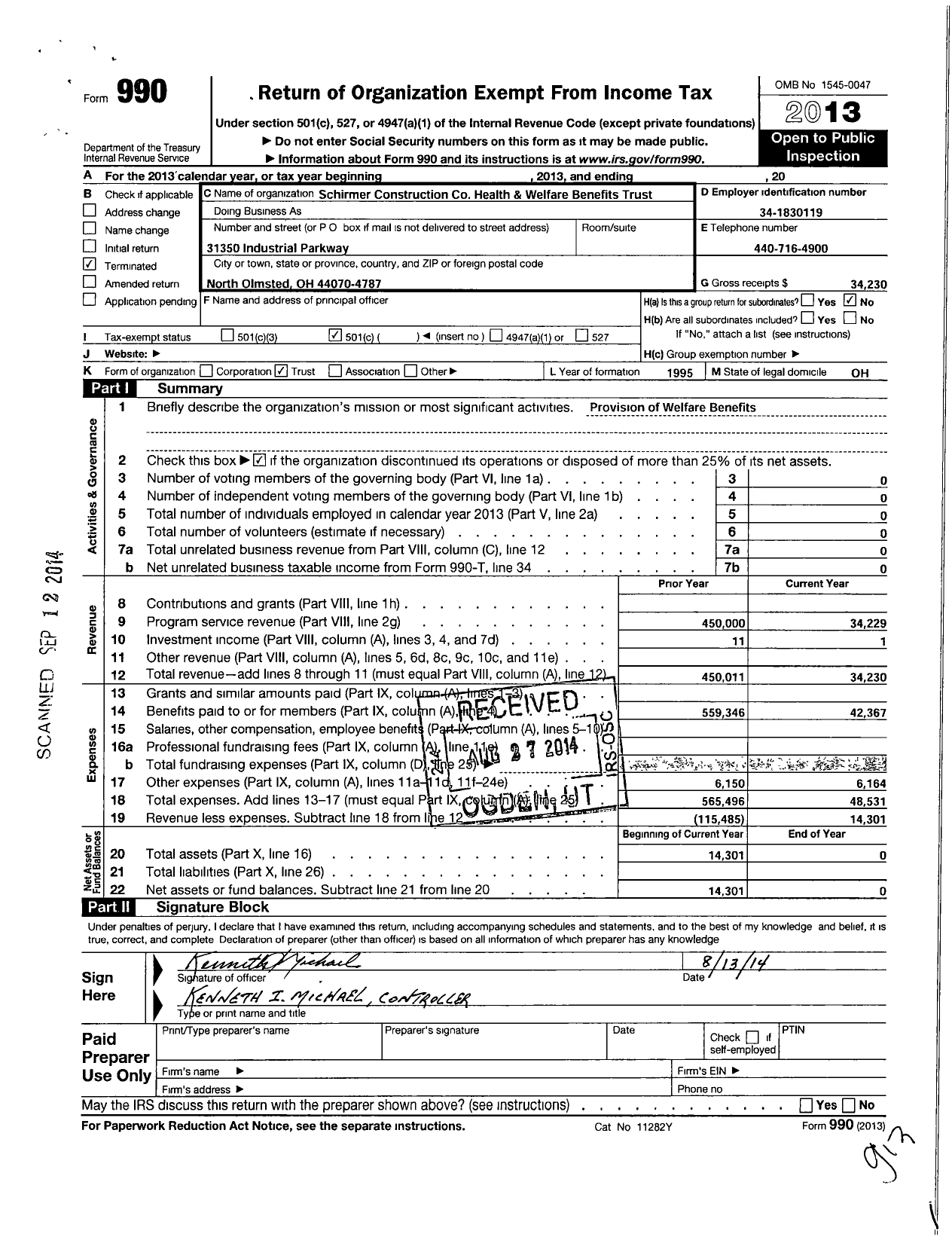 Image of first page of 2013 Form 990O for Schirmer Construction Health and Welfare Benefits Trust