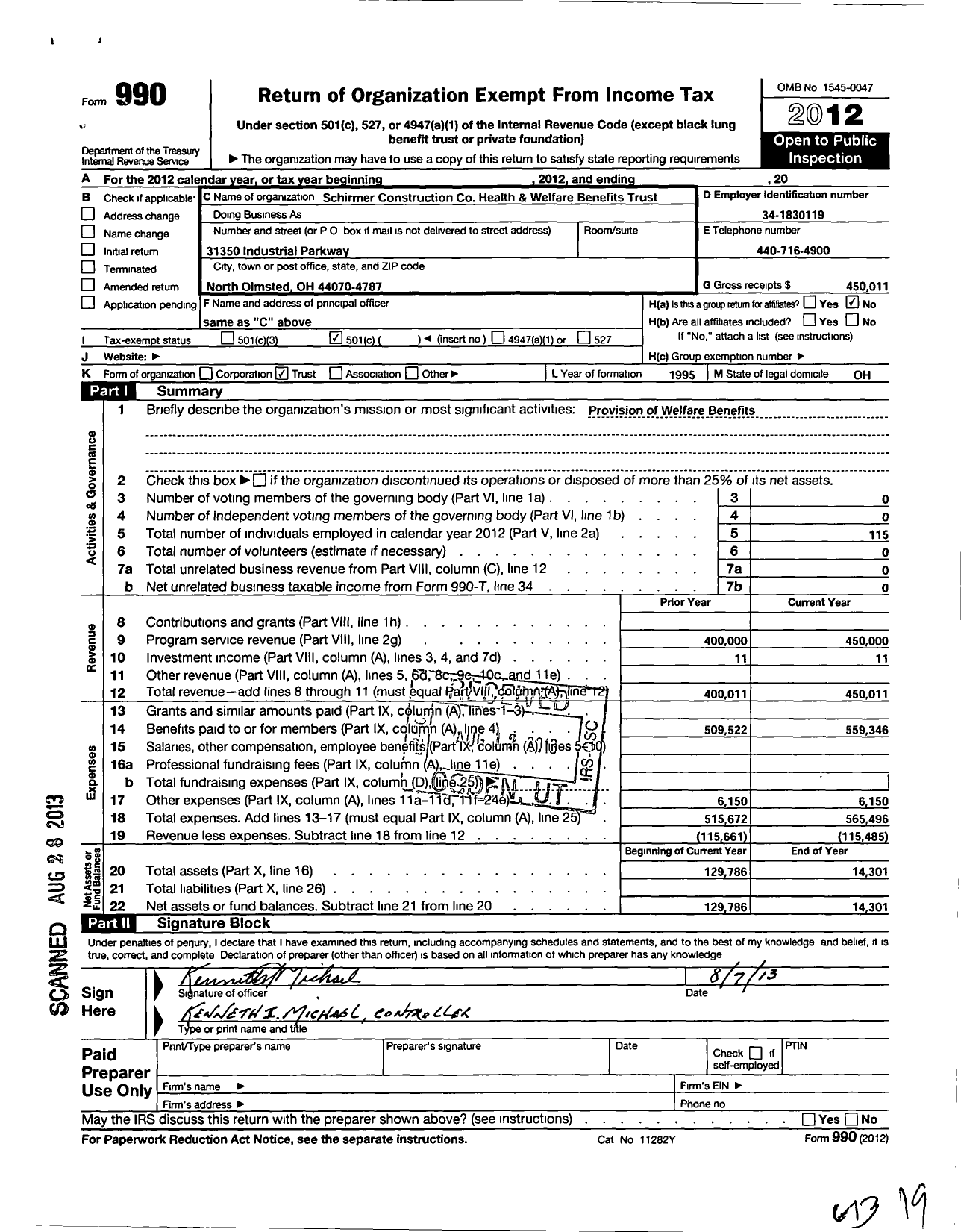 Image of first page of 2012 Form 990O for Schirmer Construction Health and Welfare Benefits Trust