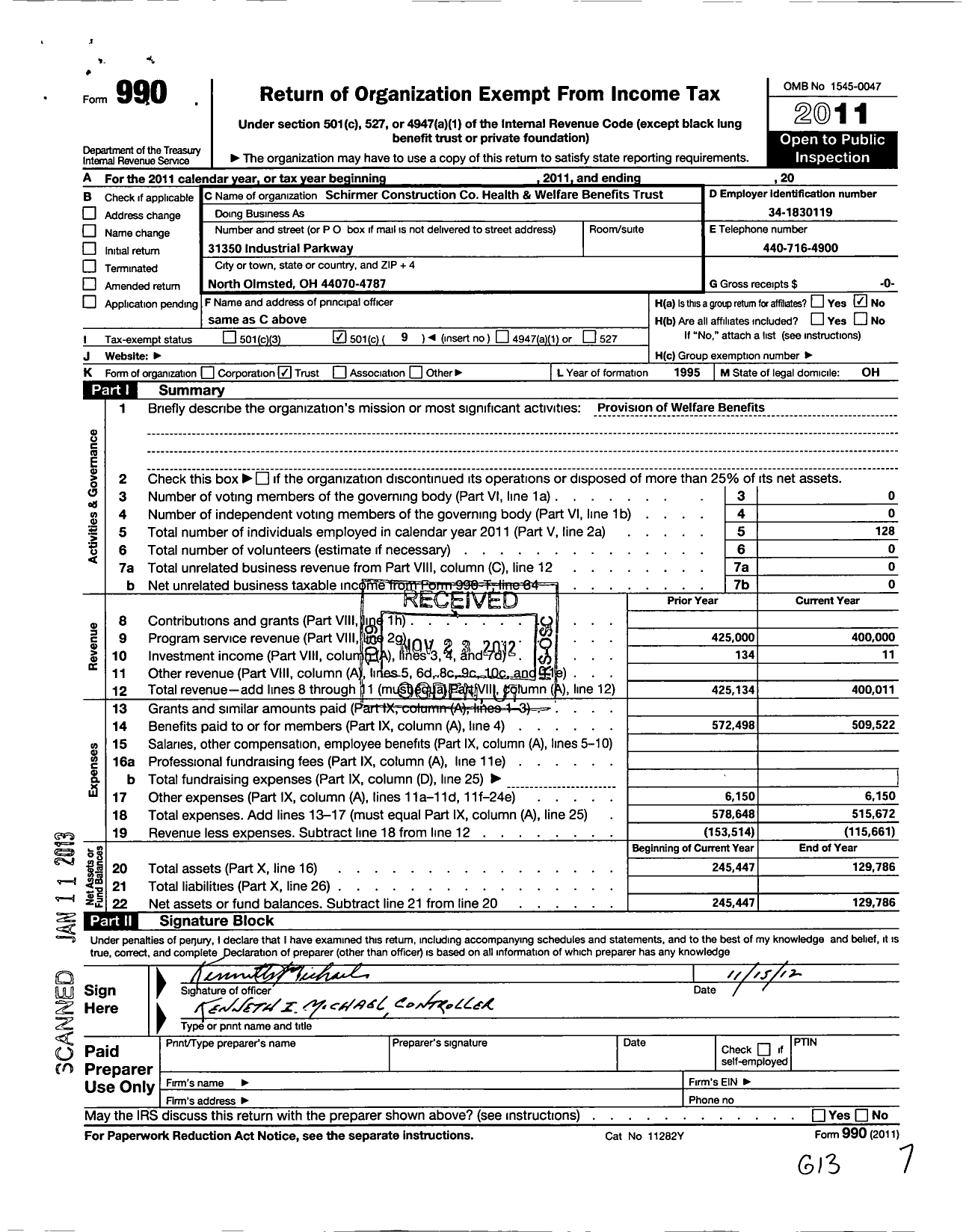 Image of first page of 2011 Form 990O for Schirmer Construction Health and Welfare Benefits Trust